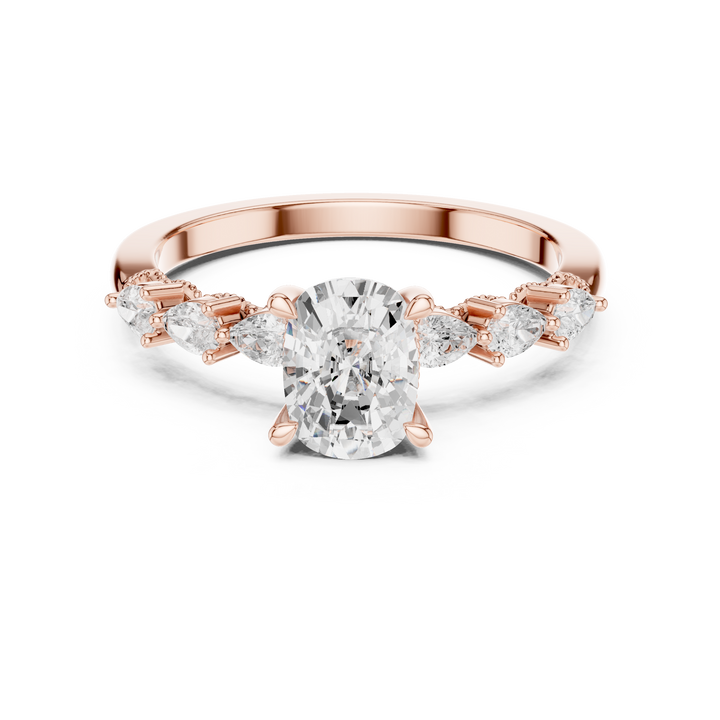 Cushion Cut Diamond Ring with Pear Side Stones and Milgrain Detail