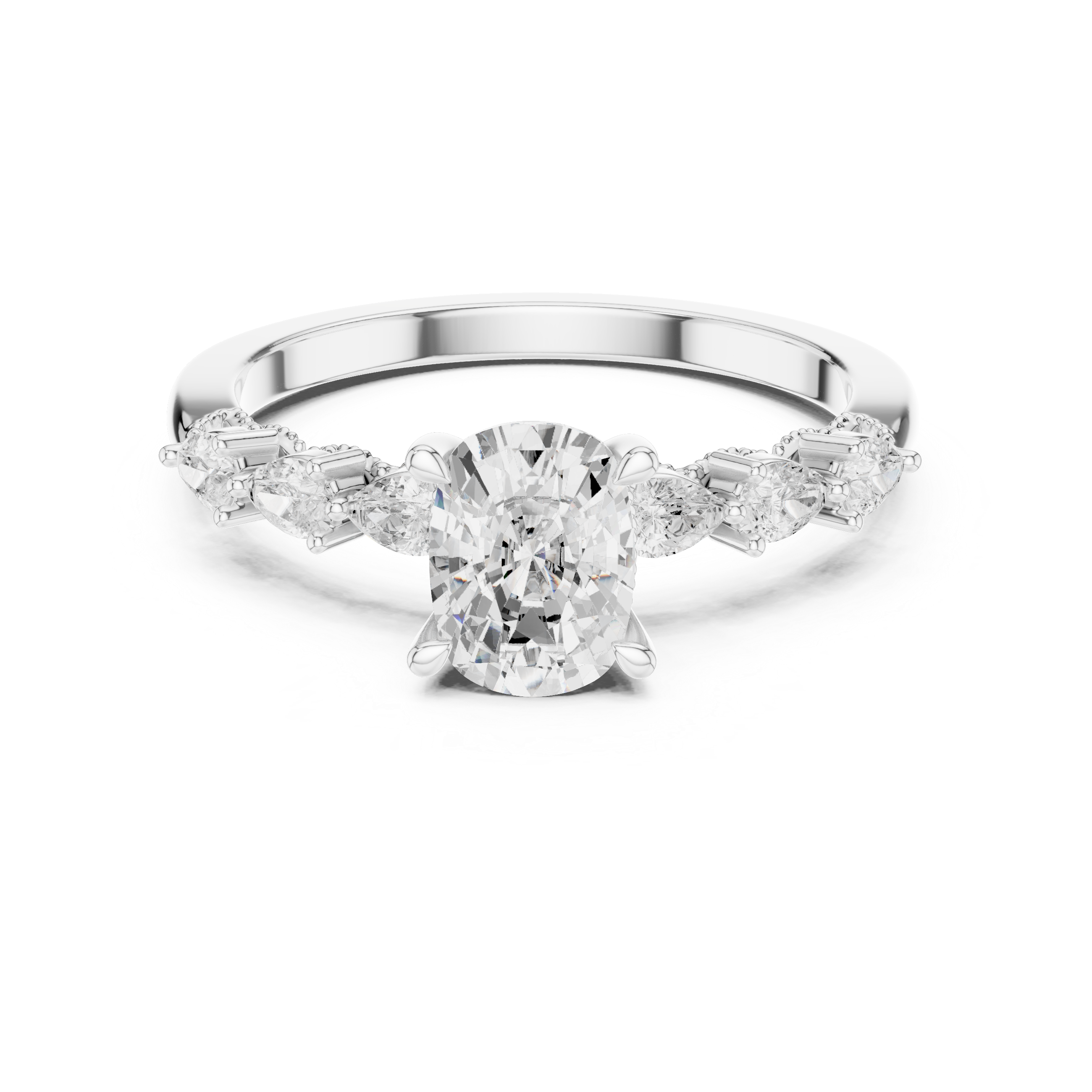 Cushion Cut Diamond Ring with Pear Side Stones and Milgrain Detail