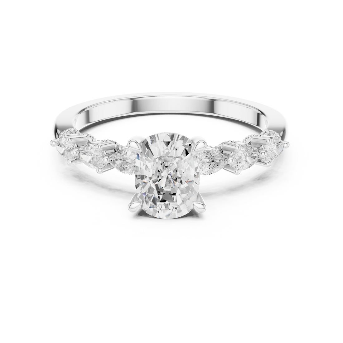 Cushion Cut Diamond Ring with Pear Side Stones and Milgrain Detail