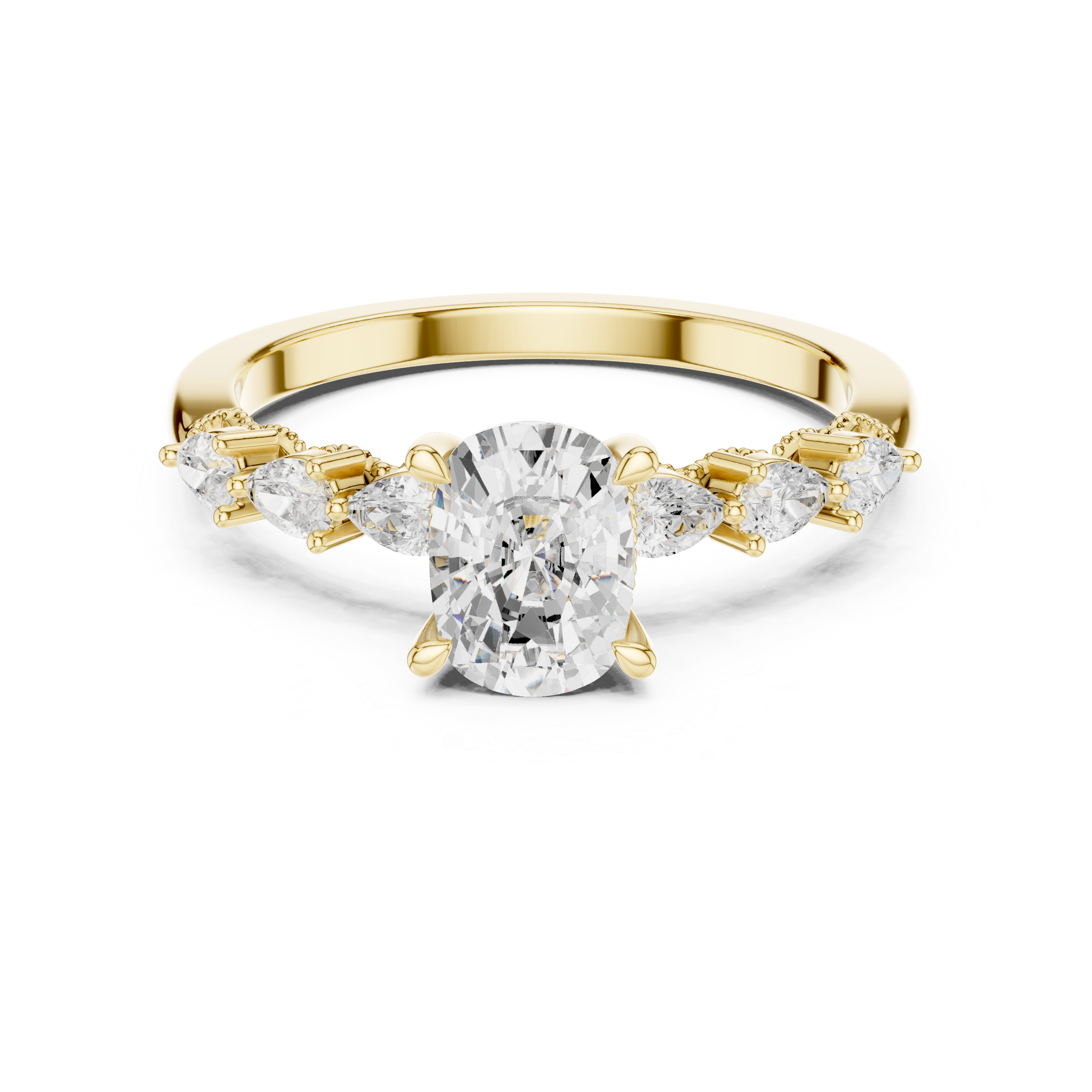 Cushion Cut Diamond Ring with Pear Side Stones and Milgrain Detail