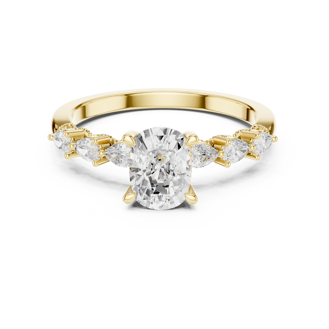 Cushion Cut Diamond Ring with Pear Side Stones and Milgrain Detail