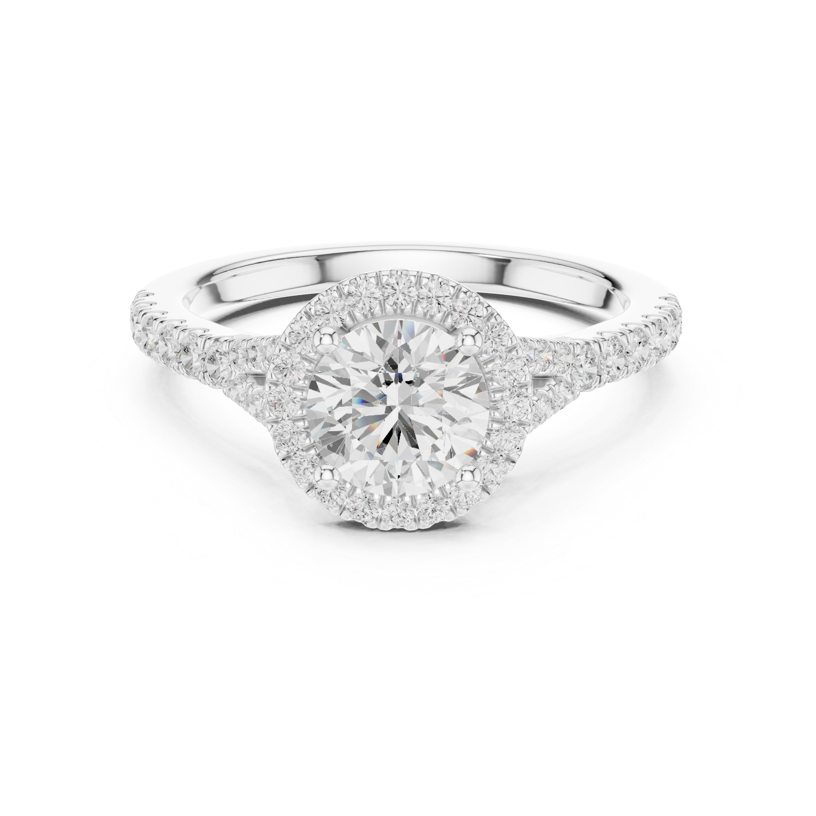 Classic halo cocktail ring featuring large central gemstone.