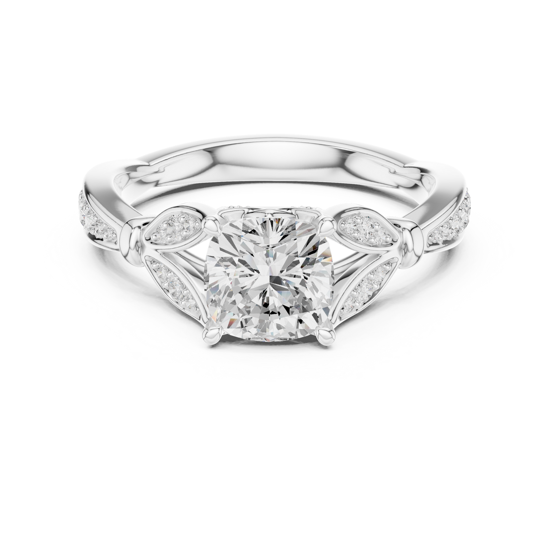 Vintage Cushion Cut Diamond Engagement Ring with Pavé Accents