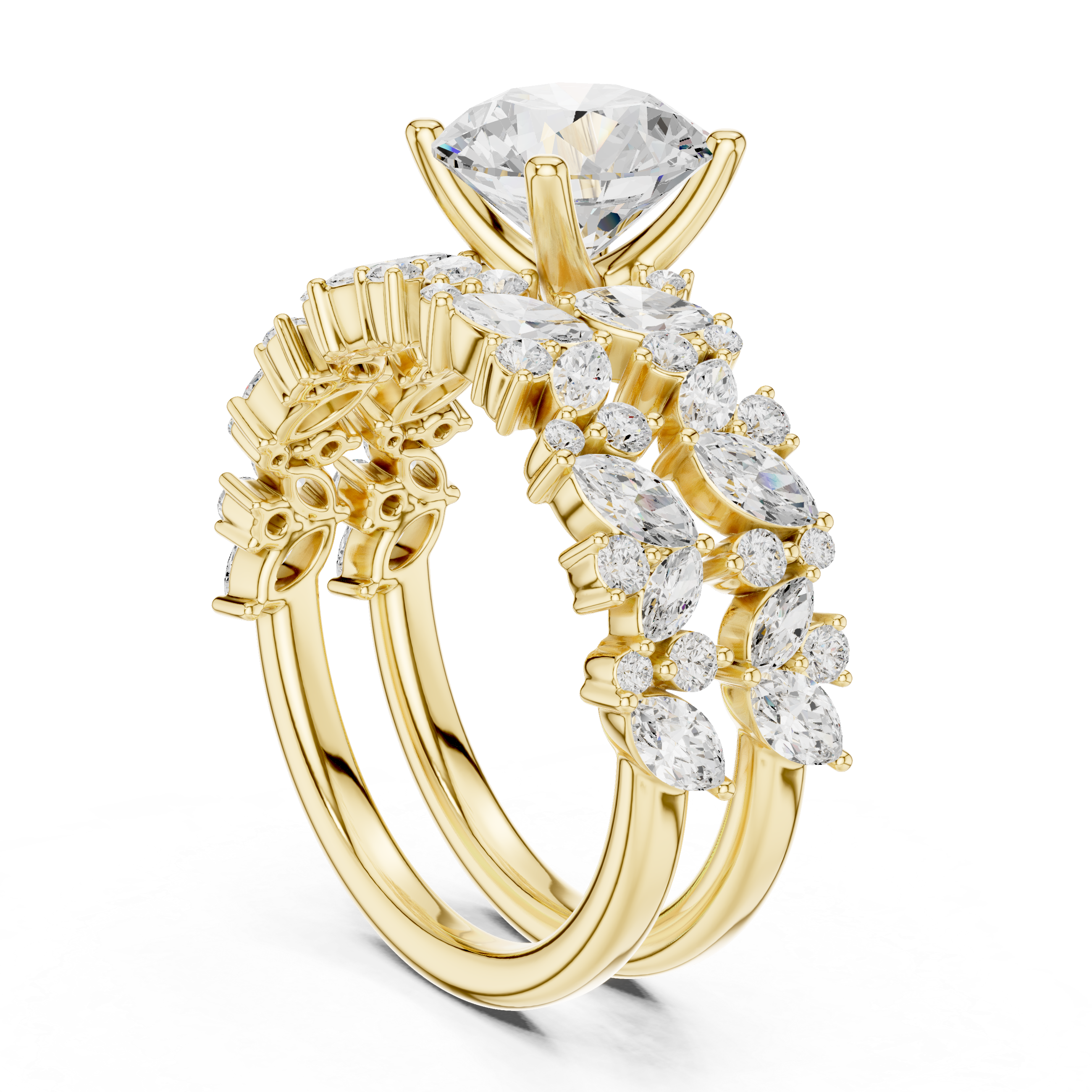 Luxury diamond jacket earrings designed to surround central stud stones.