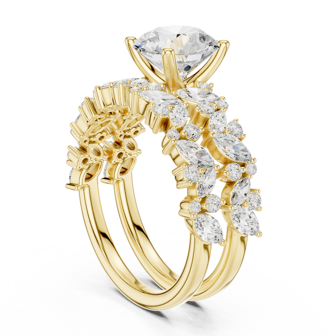 Luxury diamond jacket earrings designed to surround central stud stones.