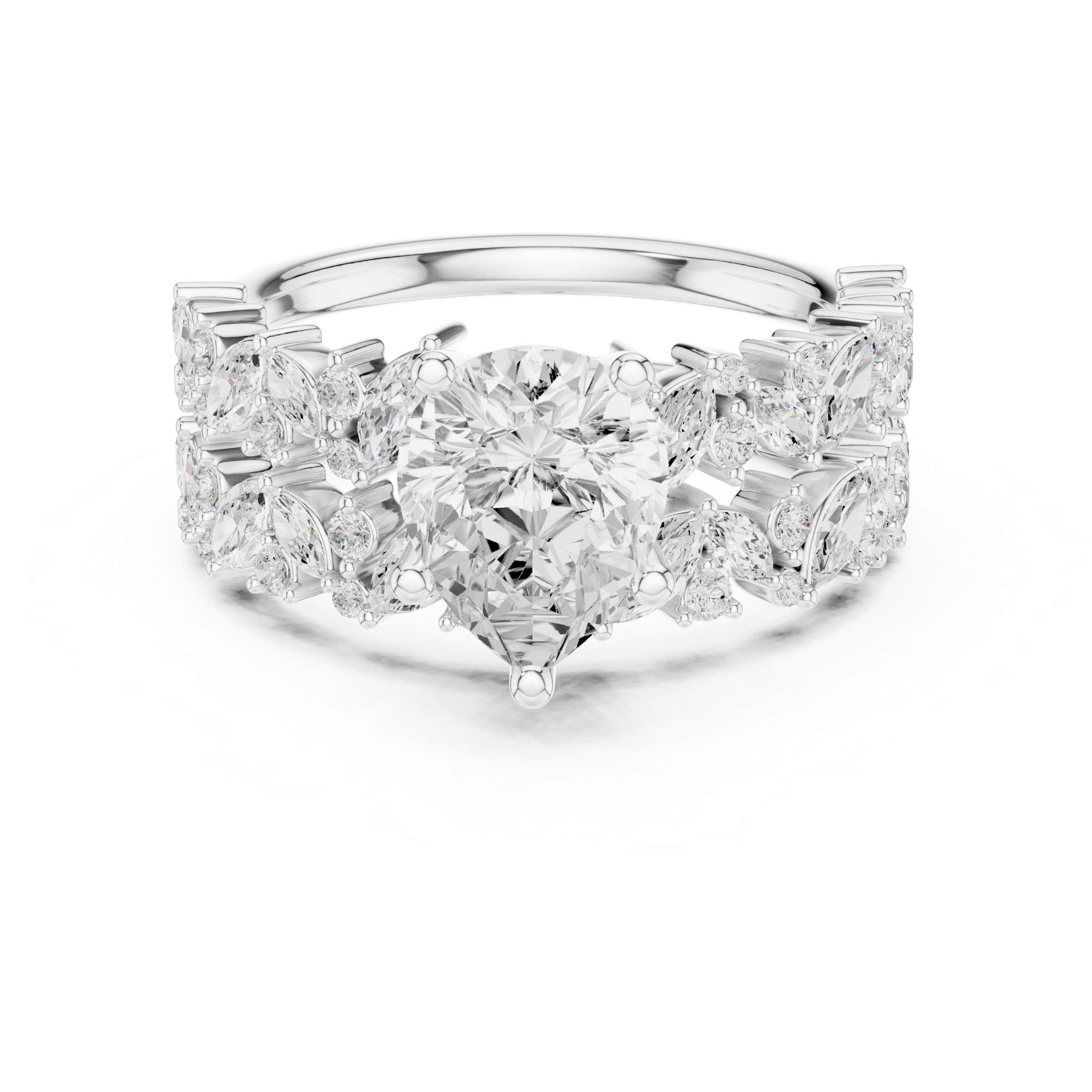 Classic halo cocktail ring featuring large central gemstone.