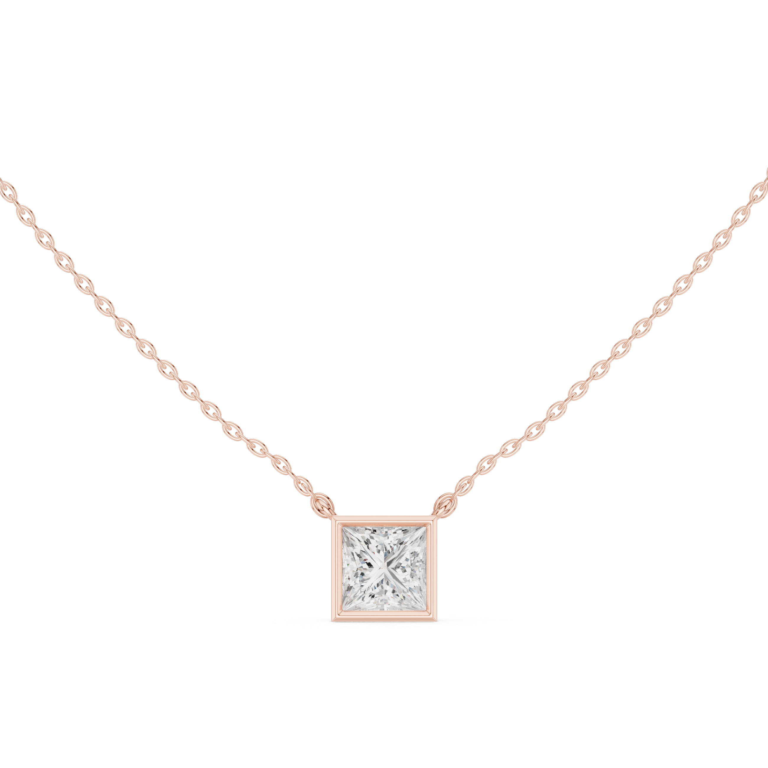 Princess Cut Diamond Bezel Solitaire Pendant Necklace with Modern Square Frame Design