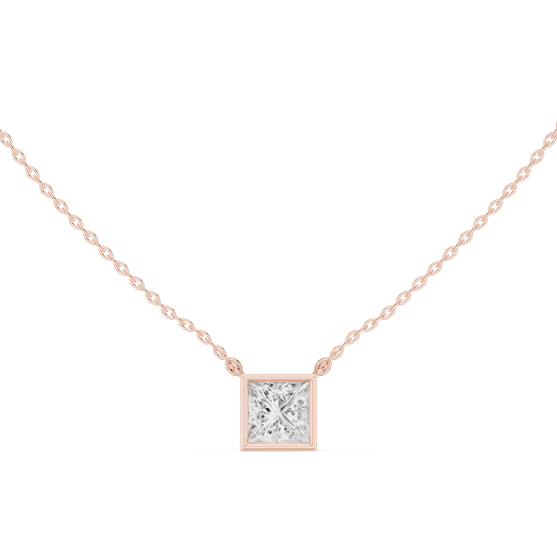 Princess Cut Diamond Bezel Solitaire Pendant Necklace with Modern Square Frame Design