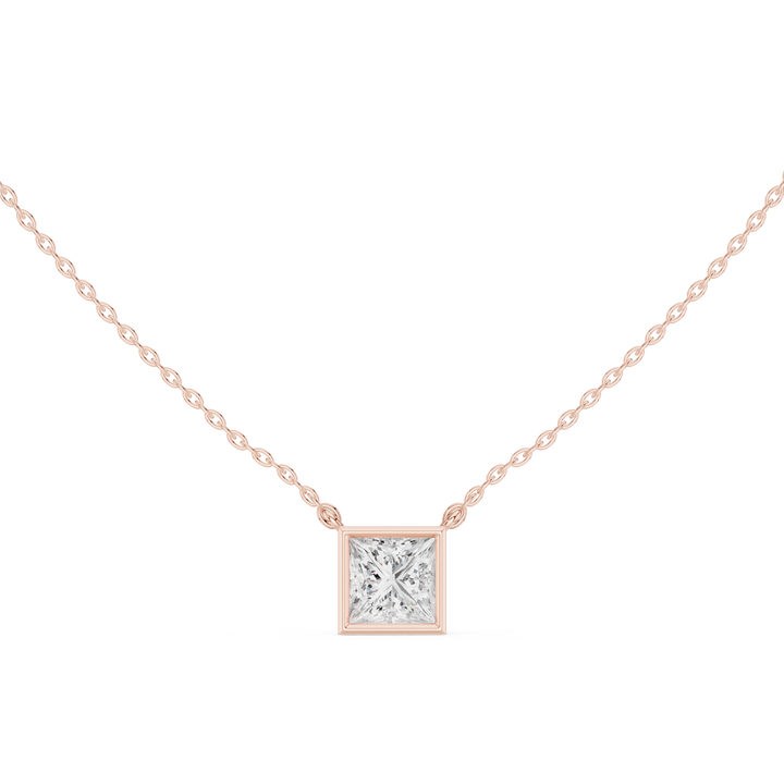 Princess Cut Diamond Bezel Solitaire Pendant Necklace with Modern Square Frame Design