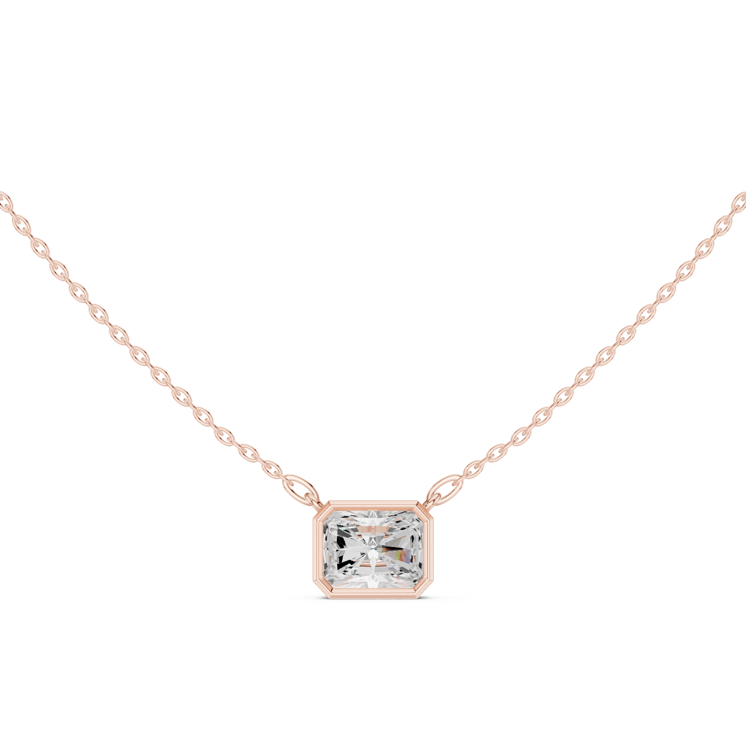 Radiant Cut Diamond Bezel Set Solitaire Pendant Necklace Modern Geometric Elegance