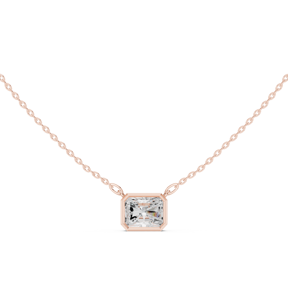 Radiant Cut Diamond Bezel Set Solitaire Pendant Necklace Modern Geometric Elegance