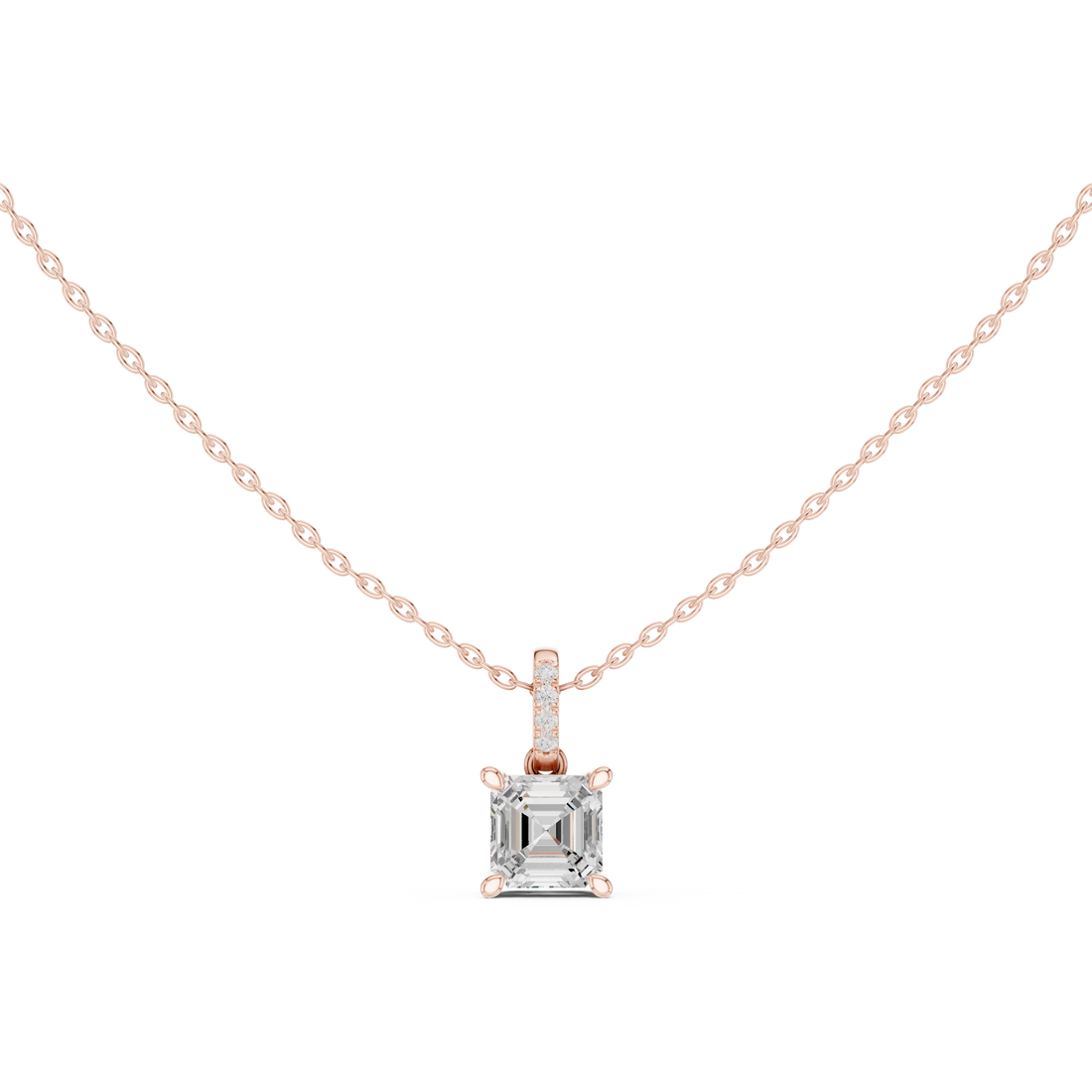 Asscher Cut Diamond Pendant Necklace with Pavé Bail and Solitaire Center