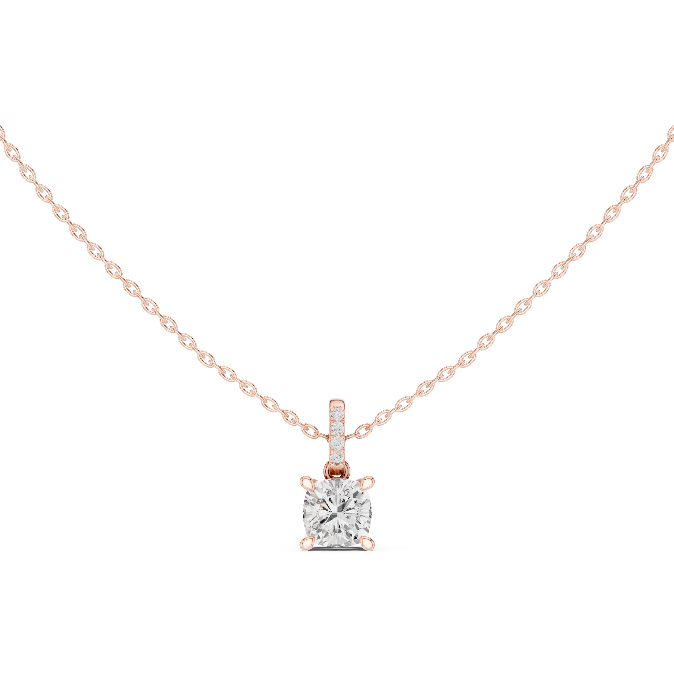 Cushion Cut Diamond Solitaire Pendant Necklace with Pavé Diamond Bail Setting