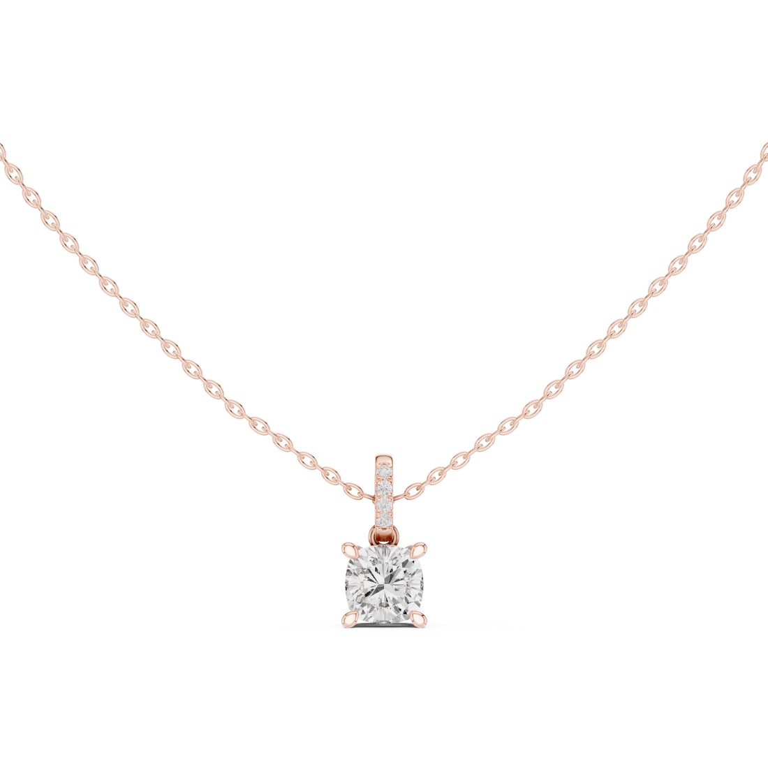 Cushion Cut Diamond Solitaire Pendant Necklace with Pavé Diamond Bail Setting