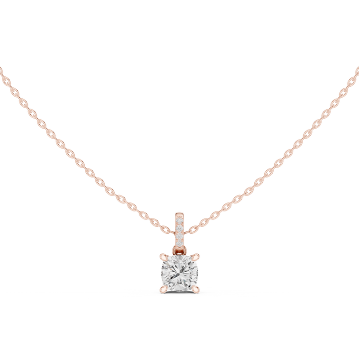 Cushion Cut Diamond Solitaire Pendant Necklace with Pavé Diamond Bail Setting