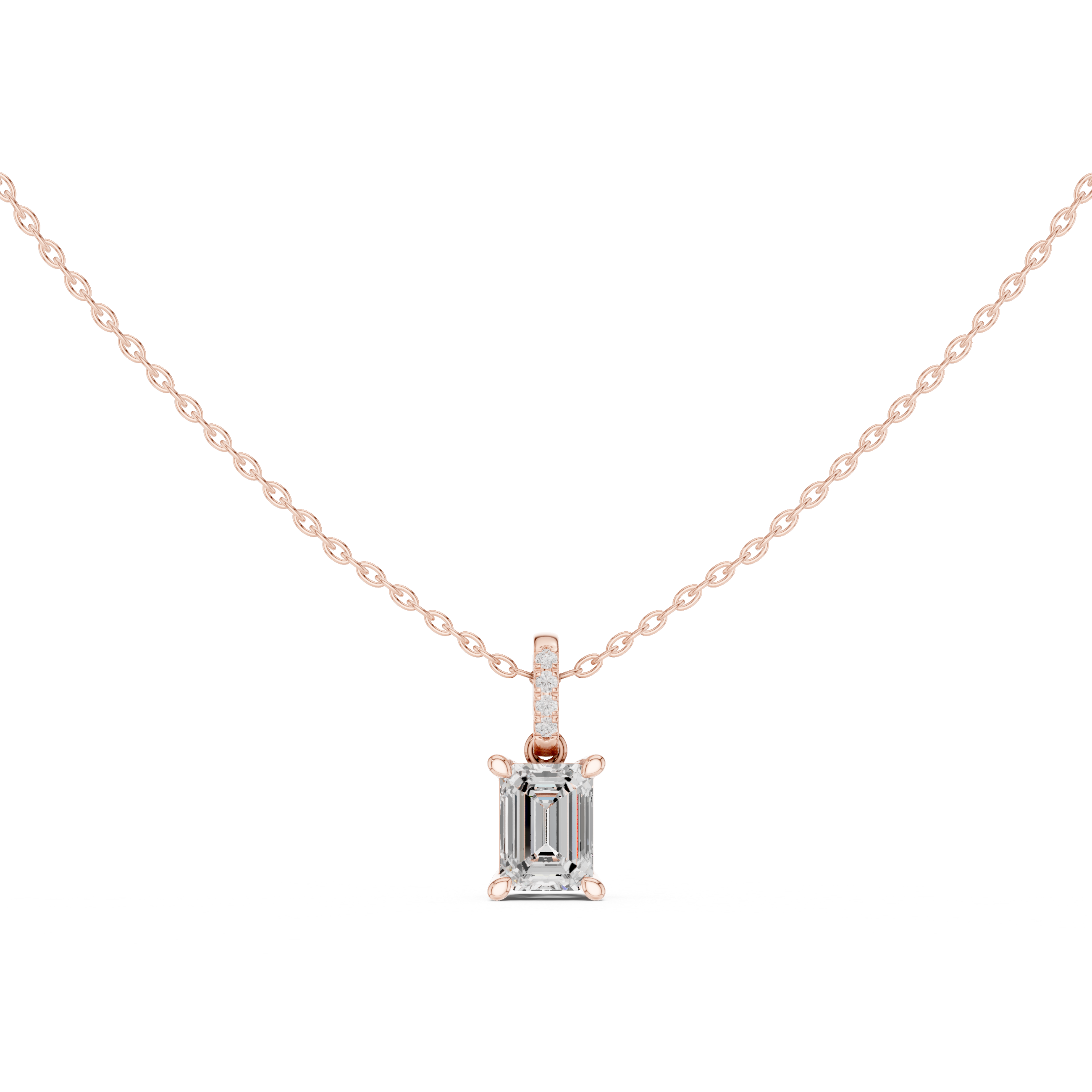 Emerald Cut Diamond Solitaire Pendant Necklace with Pavé Diamond Bail Elegant Vertical Design