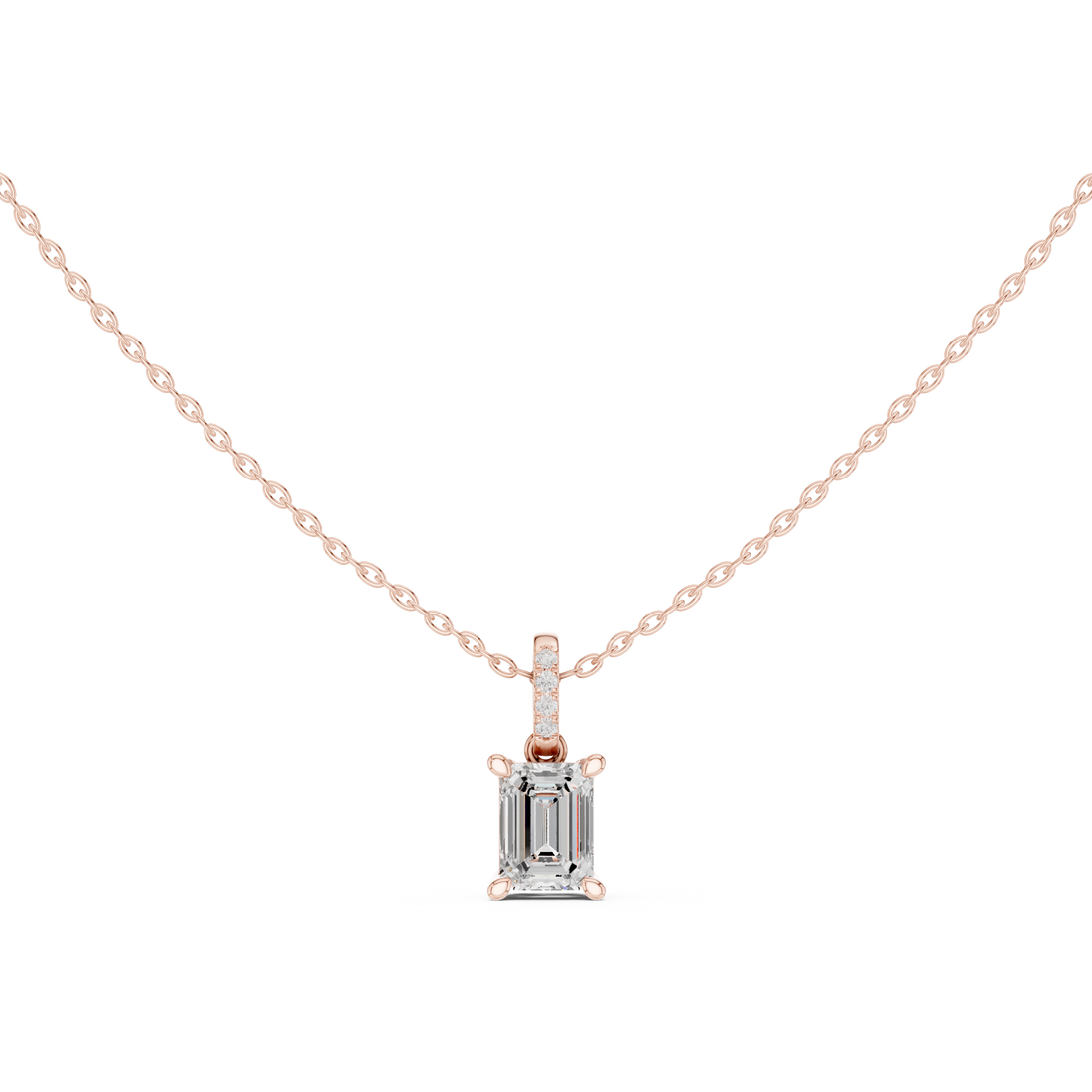 Emerald Cut Diamond Solitaire Pendant Necklace with Pavé Diamond Bail Elegant Vertical Design