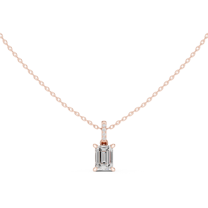 Emerald Cut Diamond Solitaire Pendant Necklace with Pavé Diamond Bail Elegant Vertical Design
