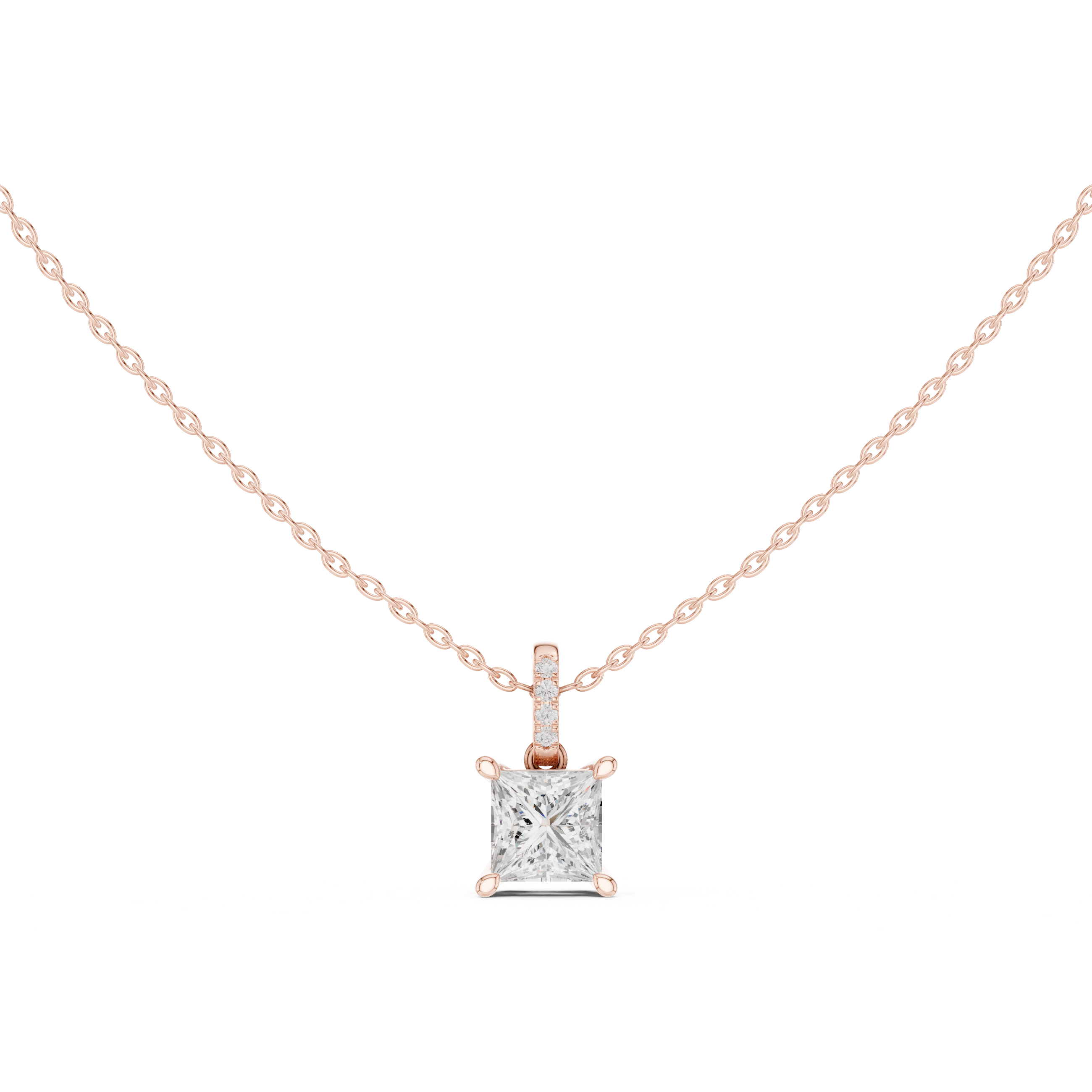 Princess Cut Diamond Solitaire Pendant Necklace with Pavé Diamond Bail Modern Square Elegance
