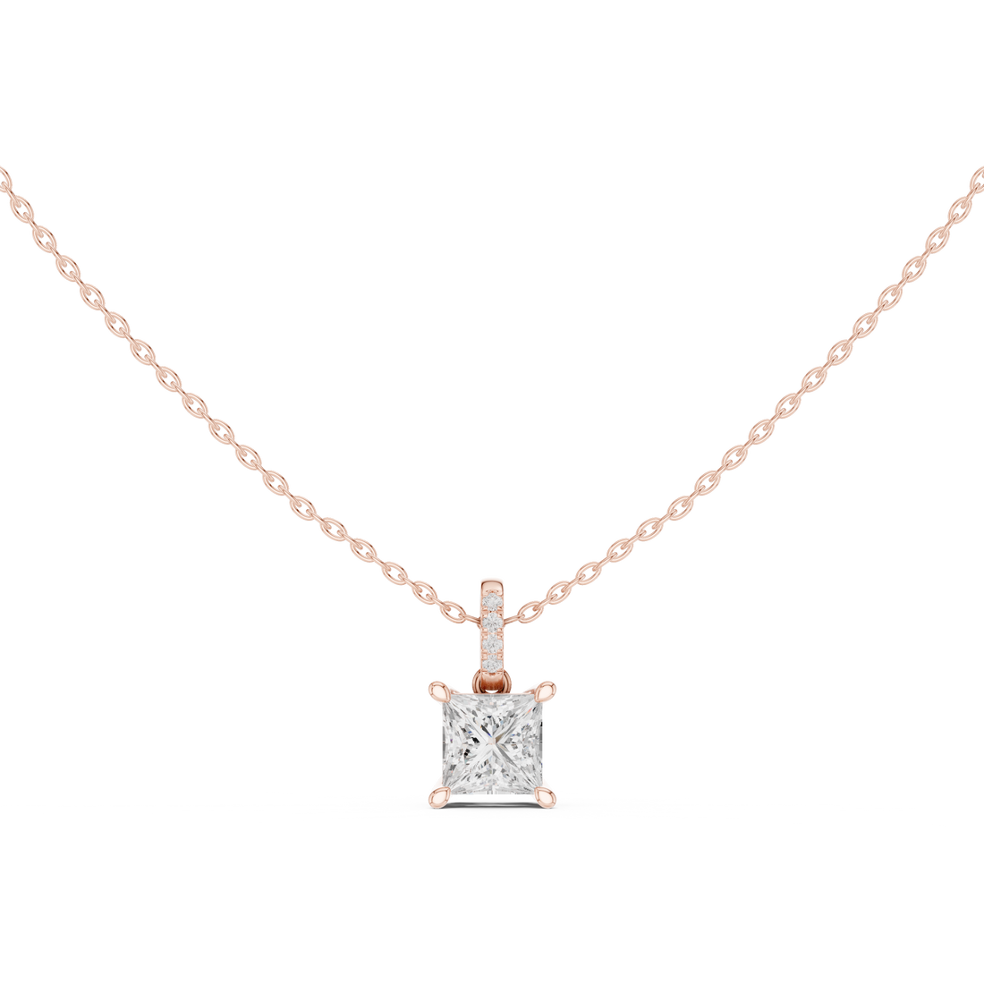 Princess Cut Diamond Solitaire Pendant Necklace with Pavé Diamond Bail Modern Square Elegance