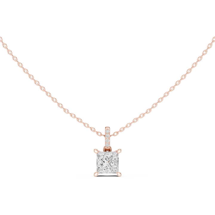 Princess Cut Diamond Solitaire Pendant Necklace with Pavé Diamond Bail Modern Square Elegance