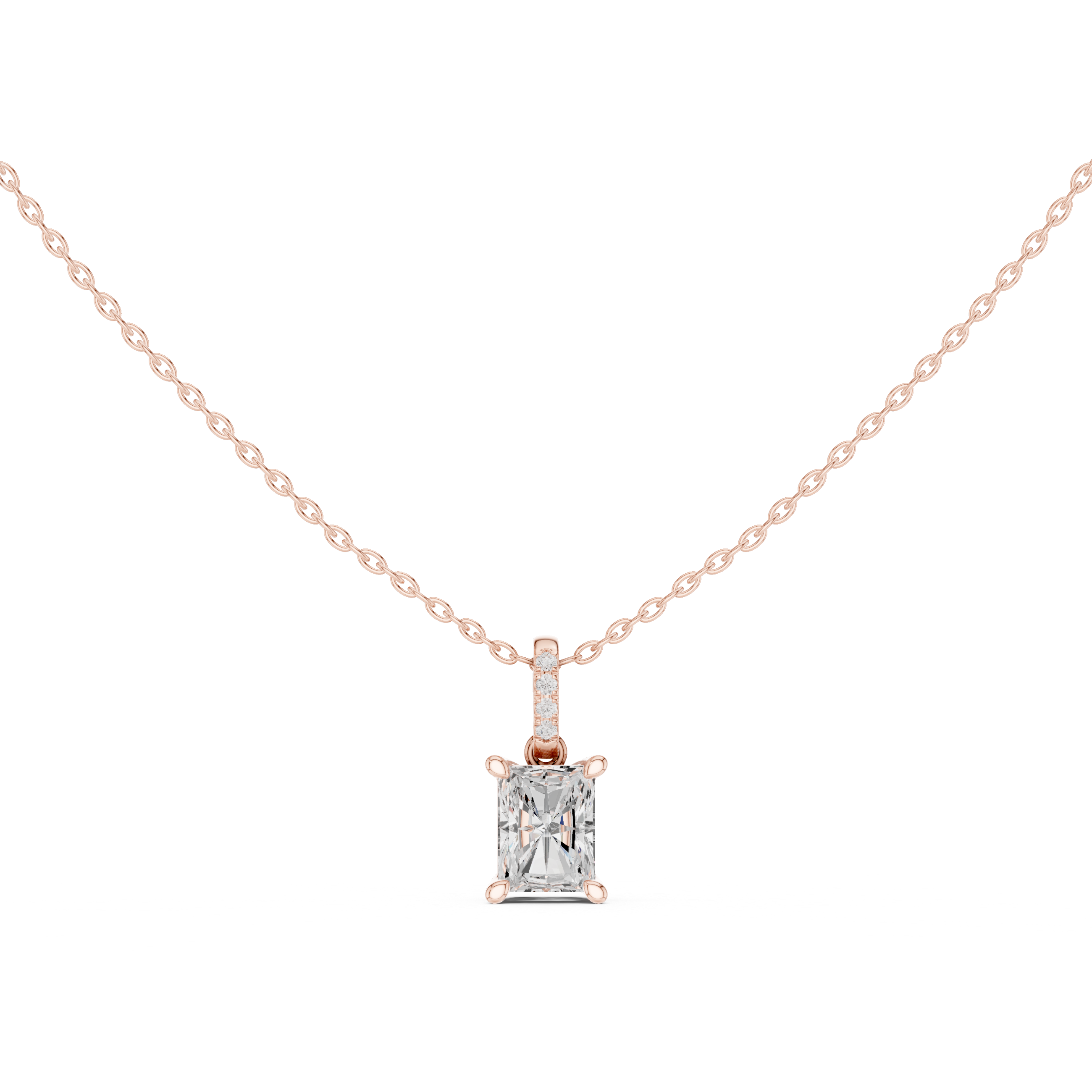 Radiant Cut Diamond Pendant Necklace with Pavé Bail and Solitaire Center