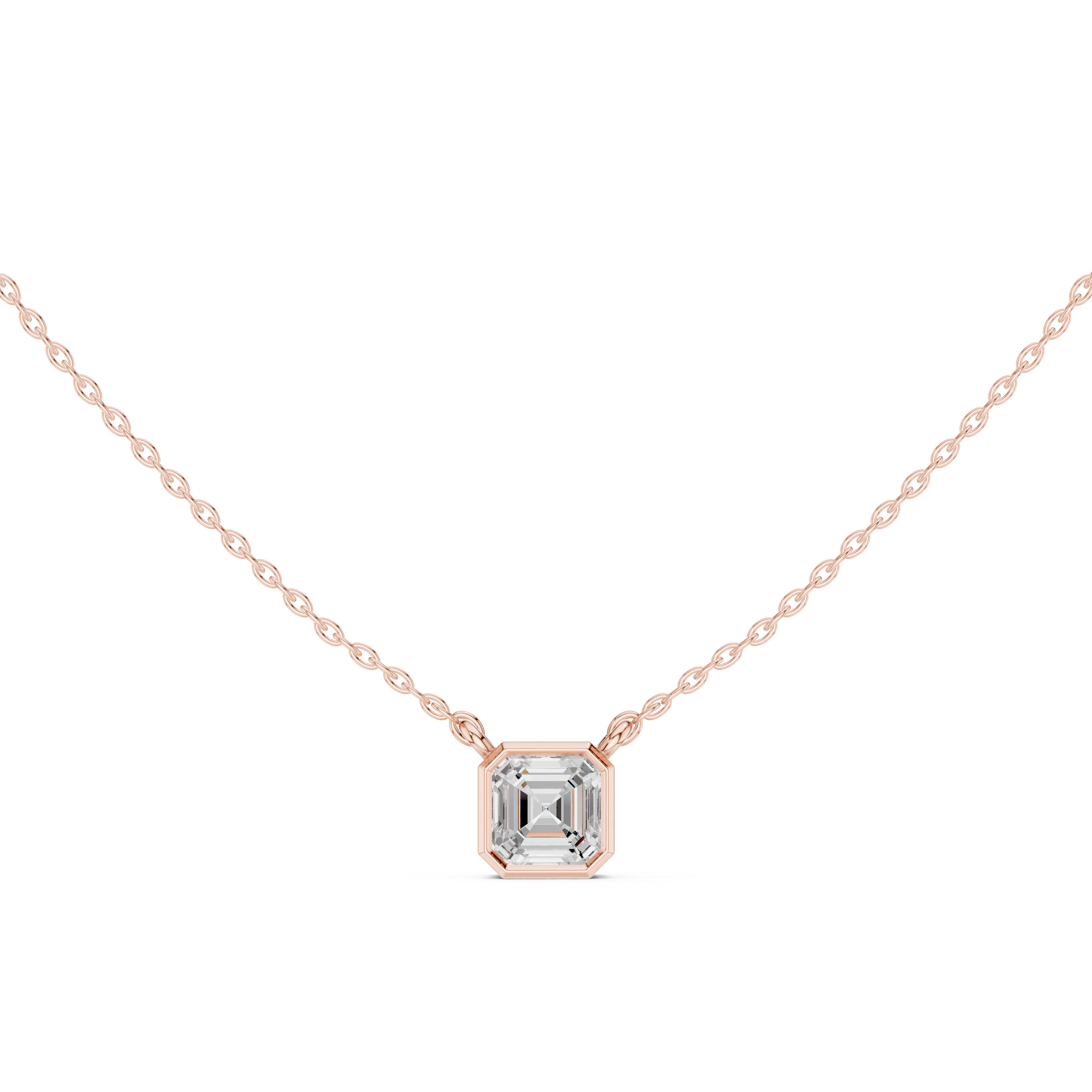 Asscher Cut Diamond Bezel Three Stone Pendant Necklace Geometric Step Cut Design