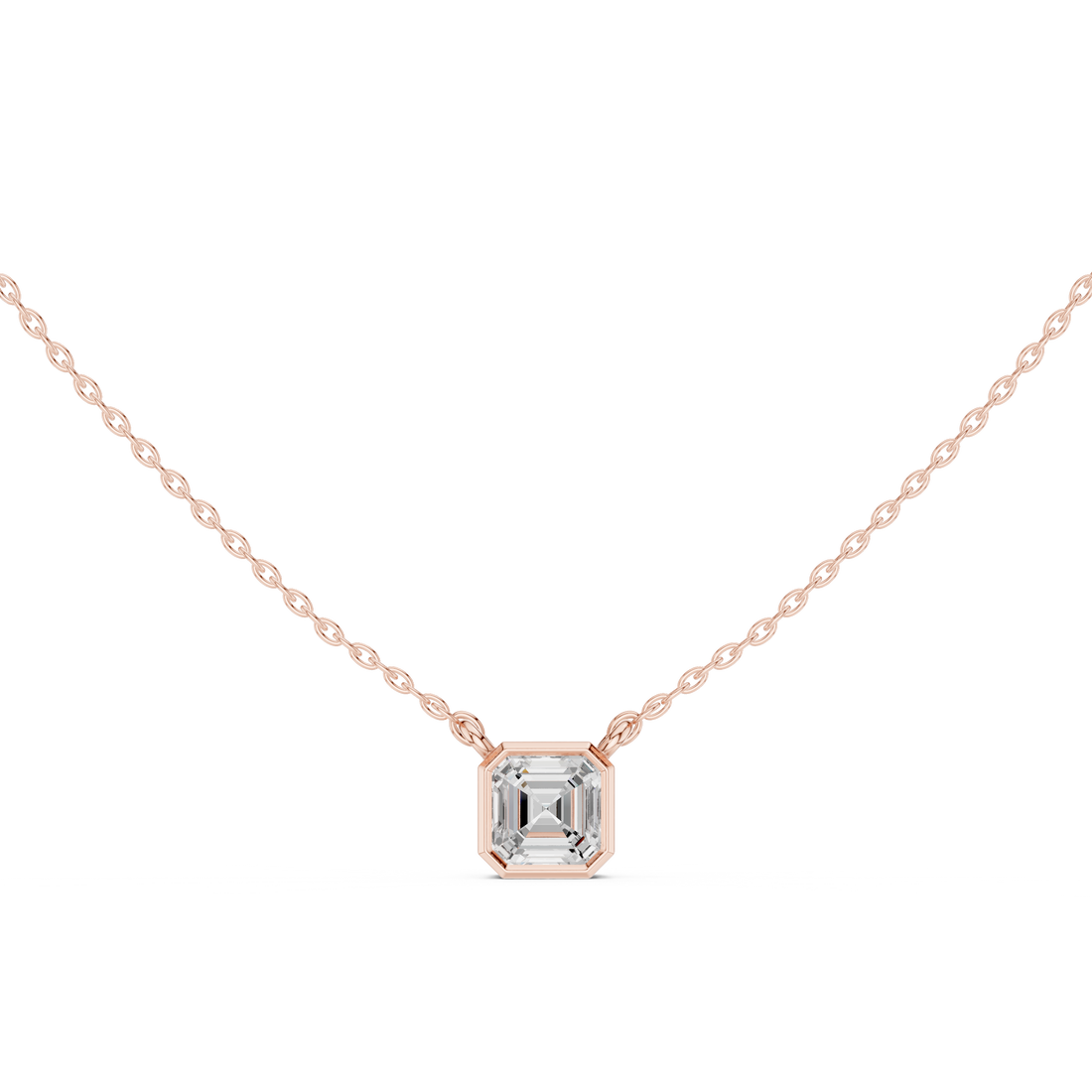 Asscher Cut Diamond Bezel Three Stone Pendant Necklace Geometric Step Cut Design