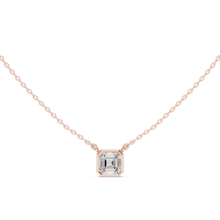 Asscher Cut Diamond Bezel Three Stone Pendant Necklace Geometric Step Cut Design