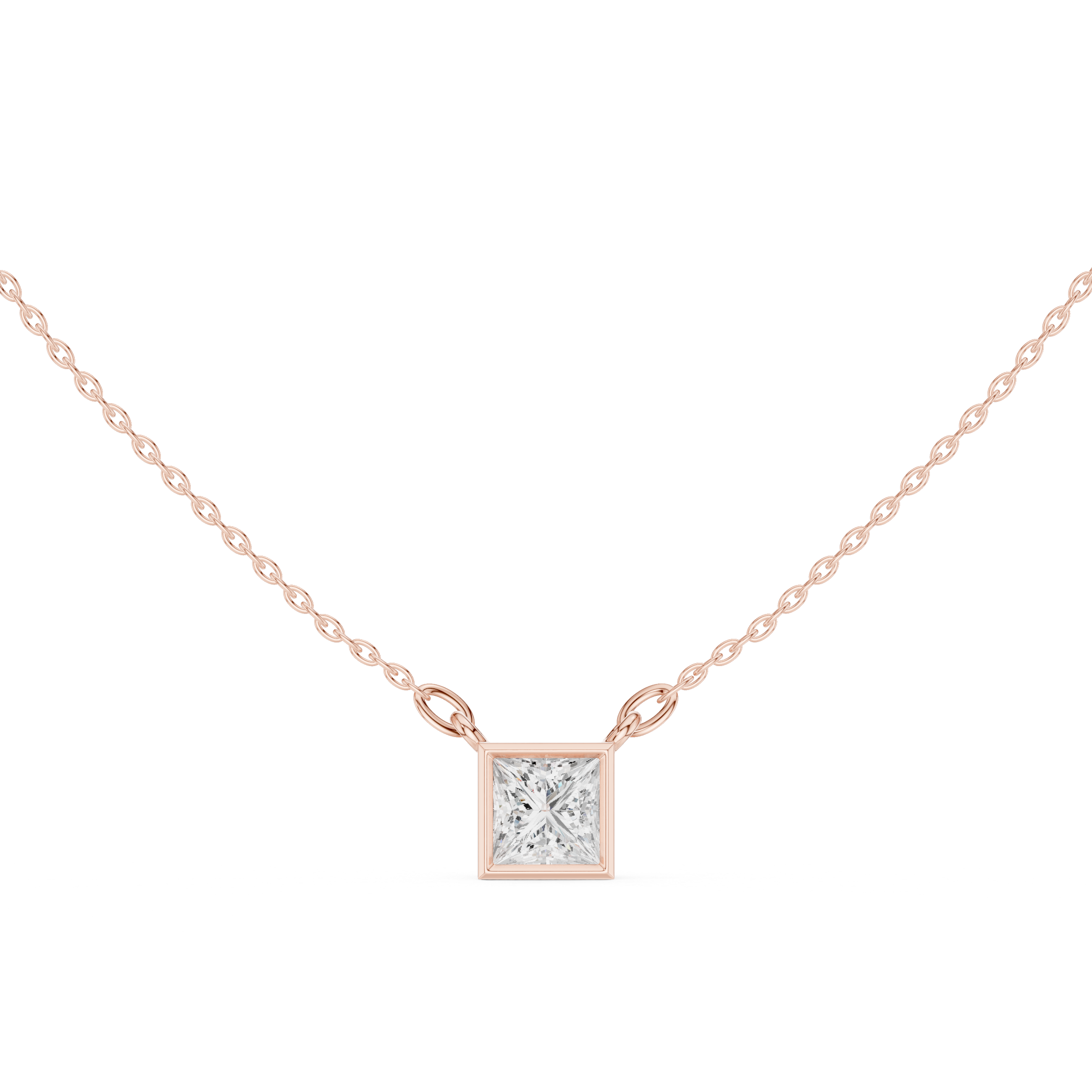 Princess Cut Three Stone Diamond Pendant Necklace with Bezel Square Design