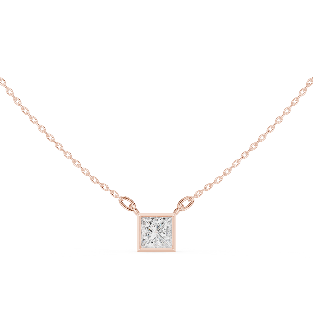 Princess Cut Three Stone Diamond Pendant Necklace with Bezel Square Design
