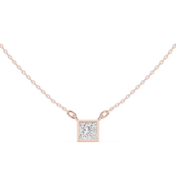 Princess Cut Three Stone Diamond Pendant Necklace with Bezel Square Design