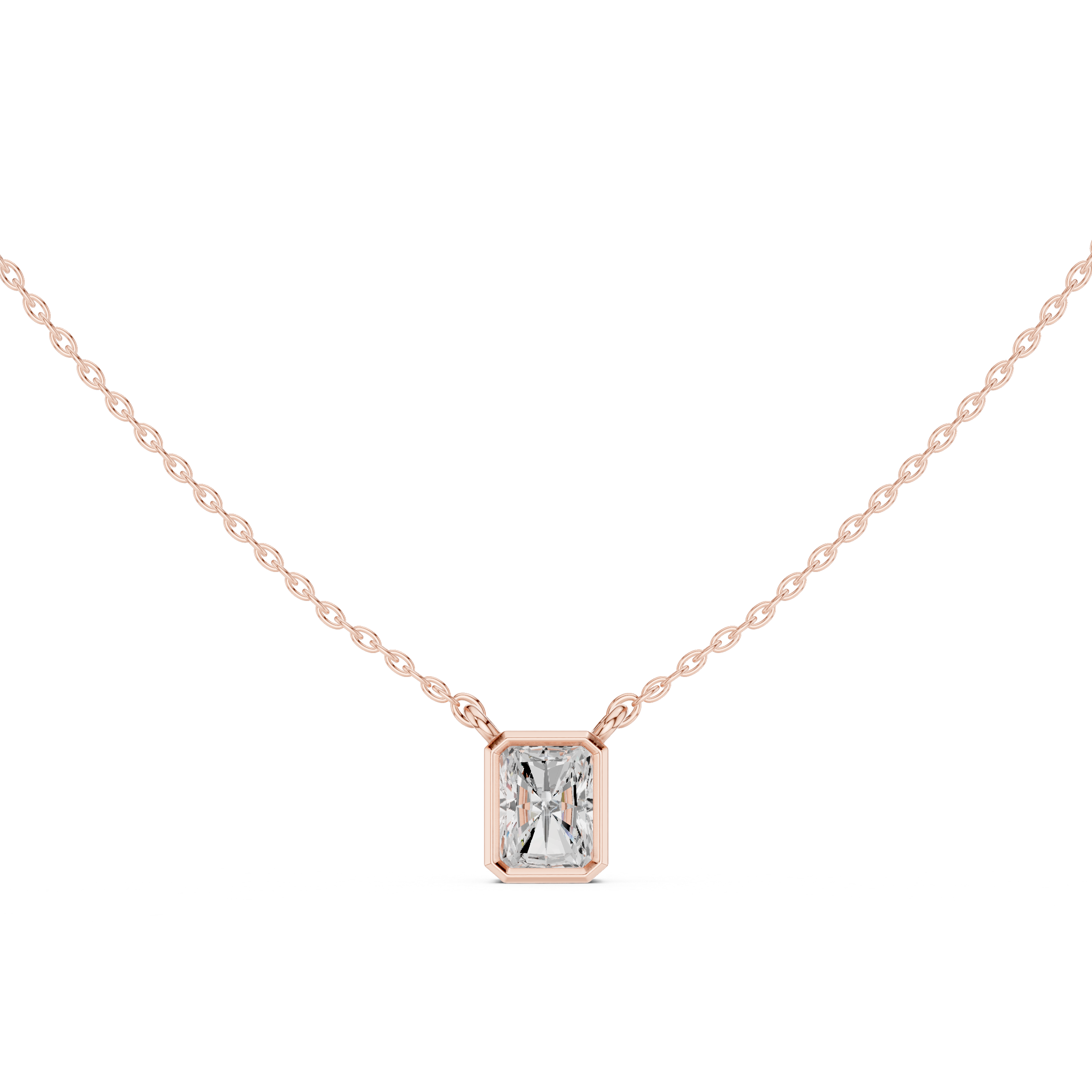 Radiant Cut Diamond Three Stone Bezel Set Pendant Necklace