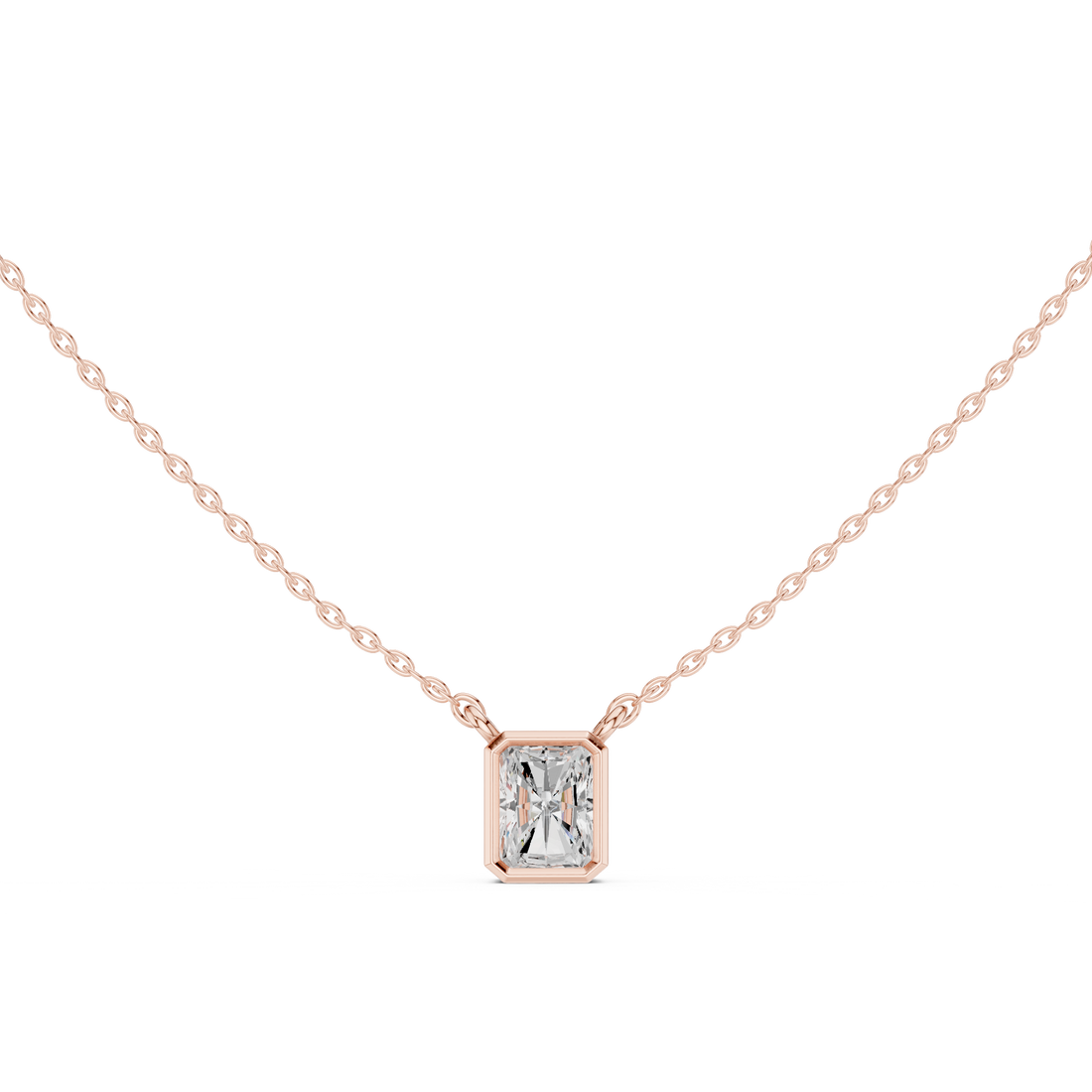 Radiant Cut Diamond Three Stone Bezel Set Pendant Necklace