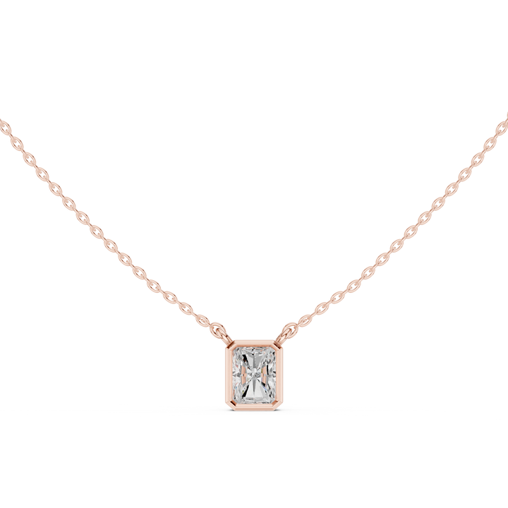 Radiant Cut Diamond Three Stone Bezel Set Pendant Necklace