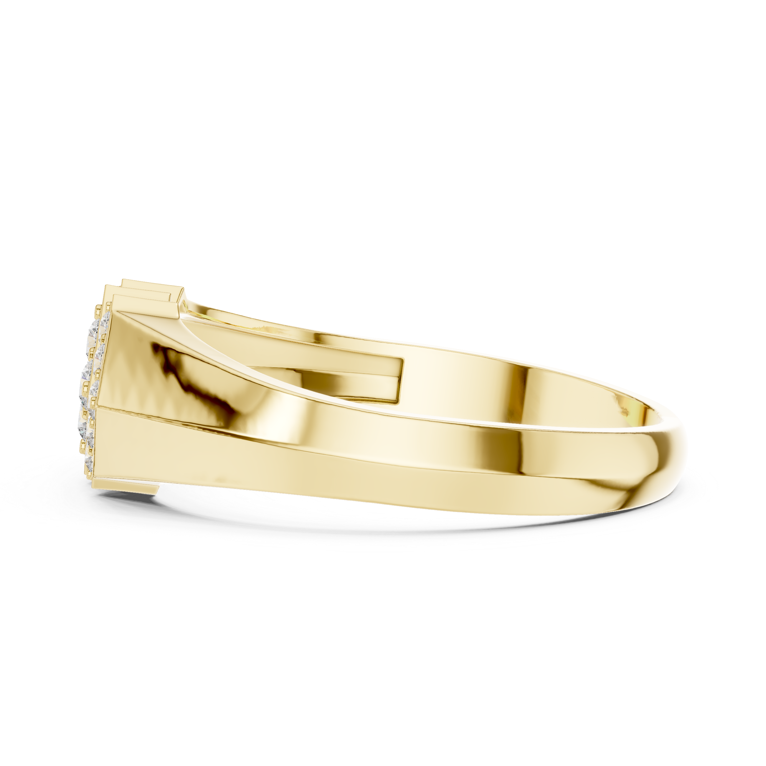 Vintage halo ring with decorative side patterns.