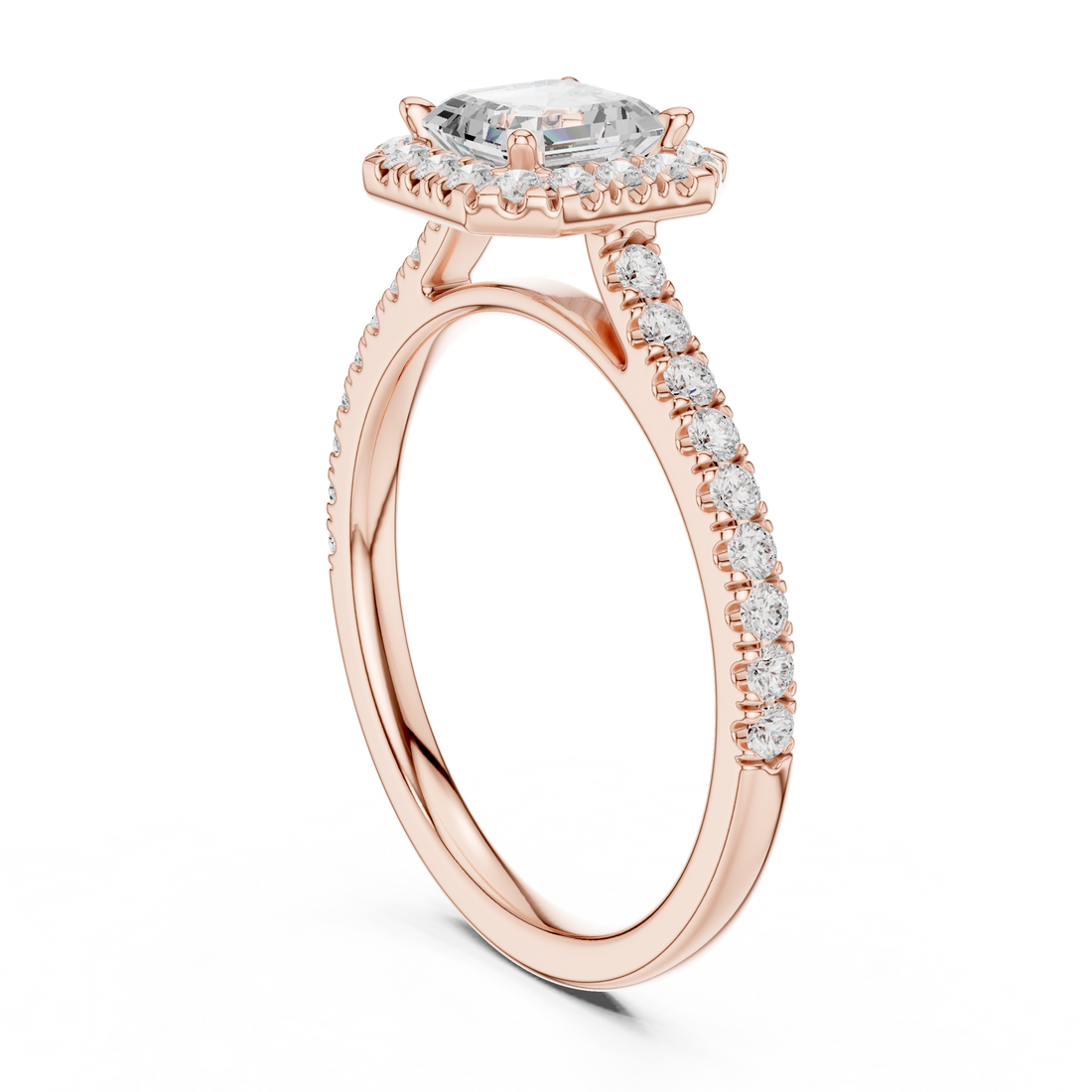 Asscher Cut Diamond Halo Engagement Ring with Pavé Band