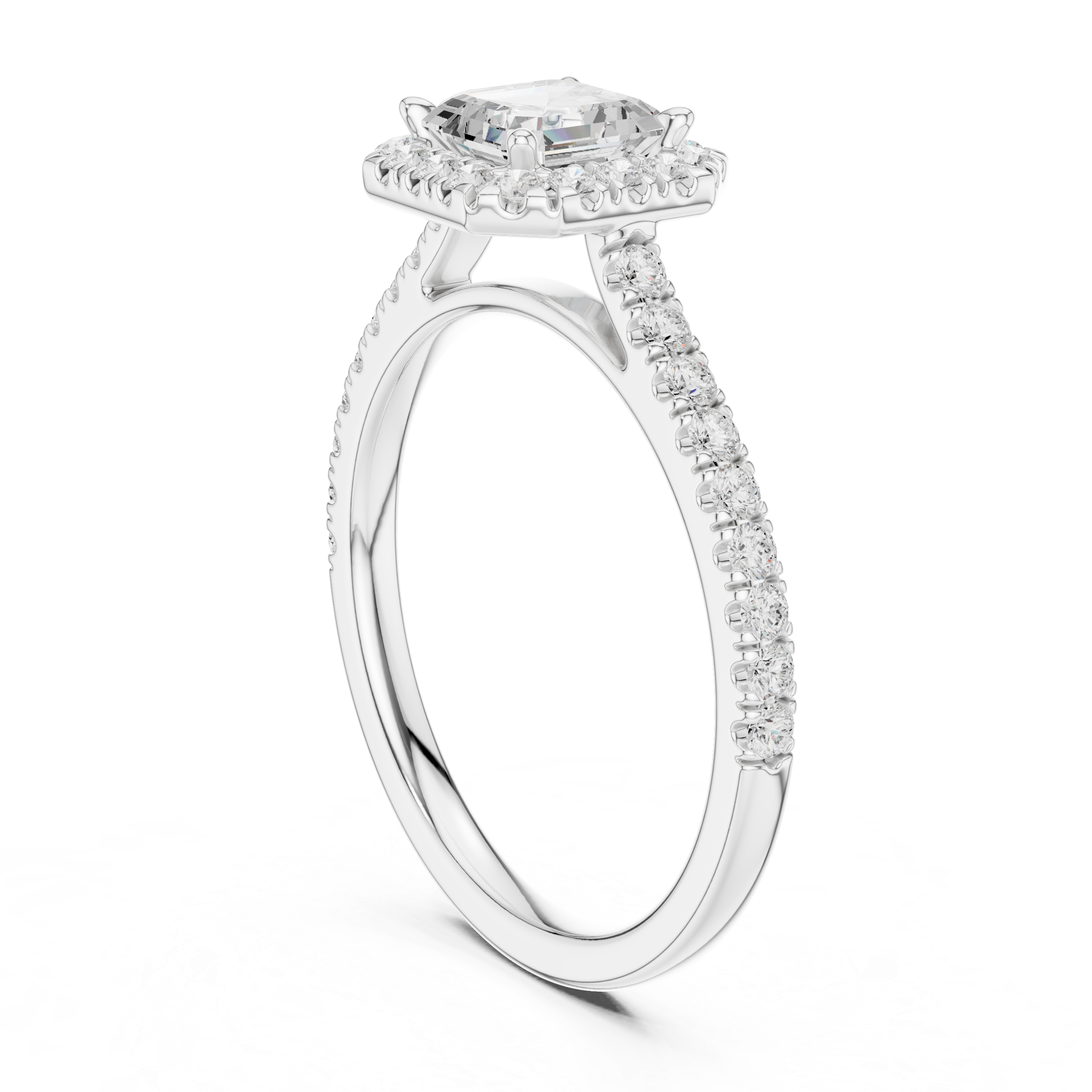 Asscher Cut Diamond Halo Engagement Ring with Pavé Band