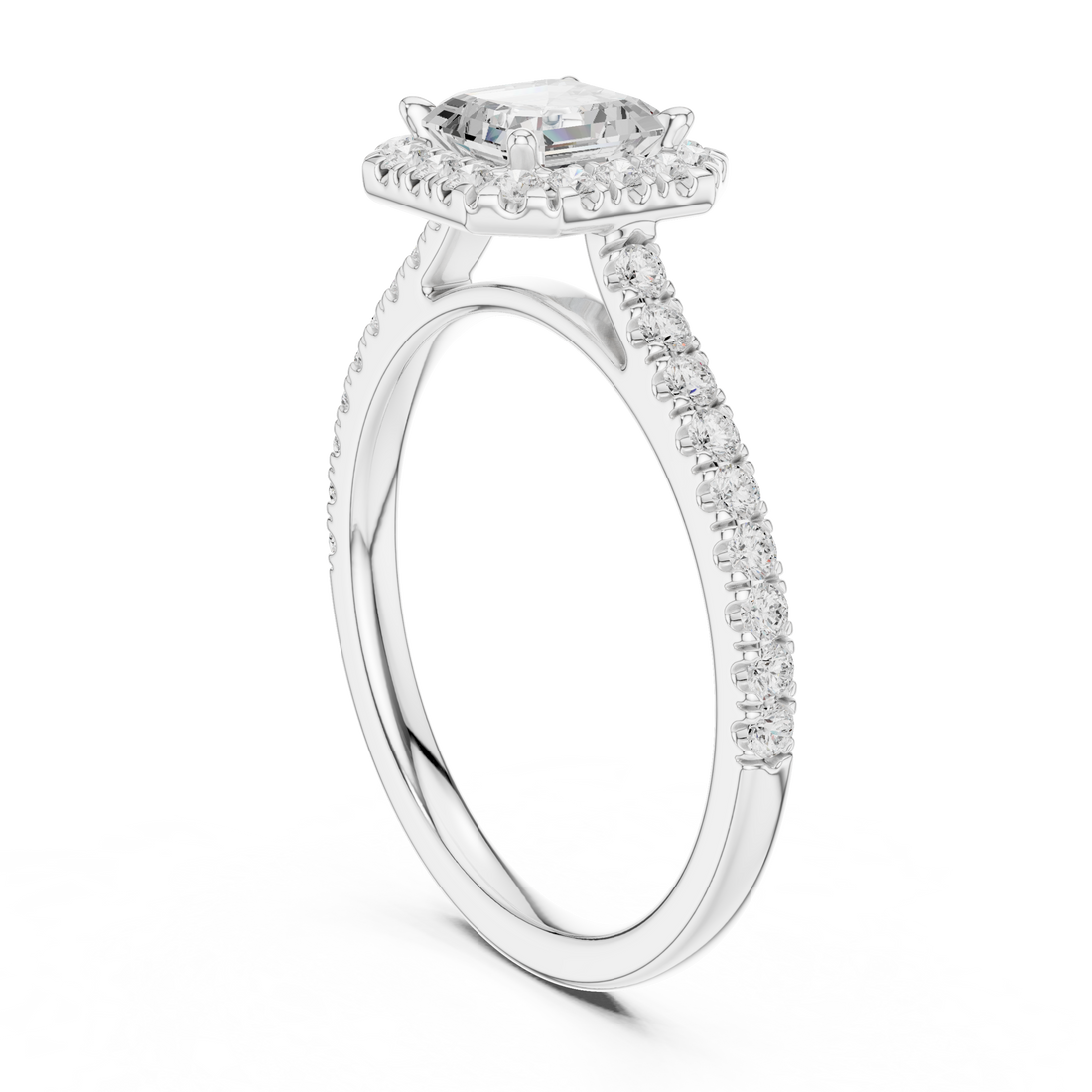 Asscher Cut Diamond Halo Engagement Ring with Pavé Band