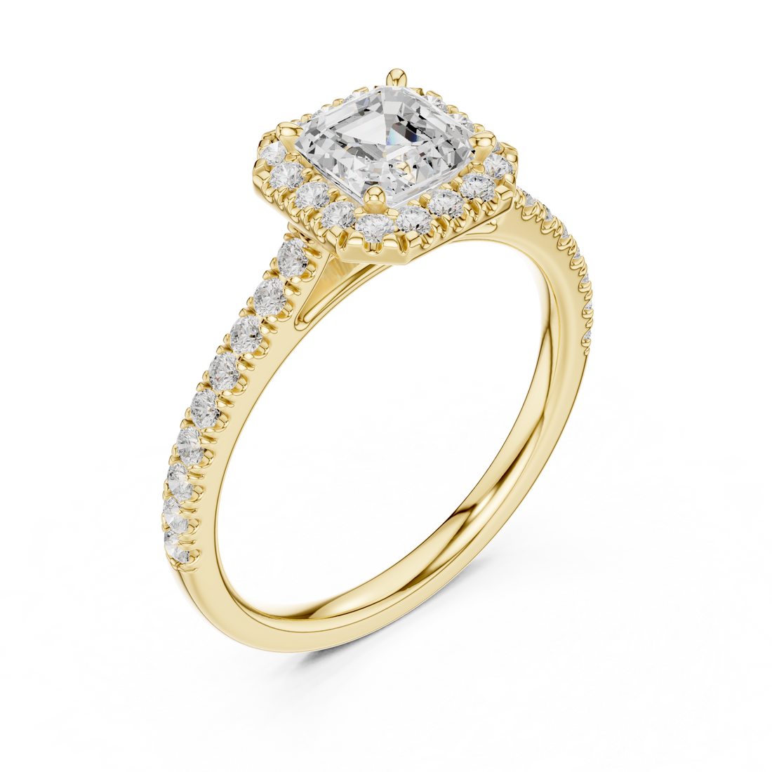Asscher Cut Diamond Halo Engagement Ring with Pavé Band
