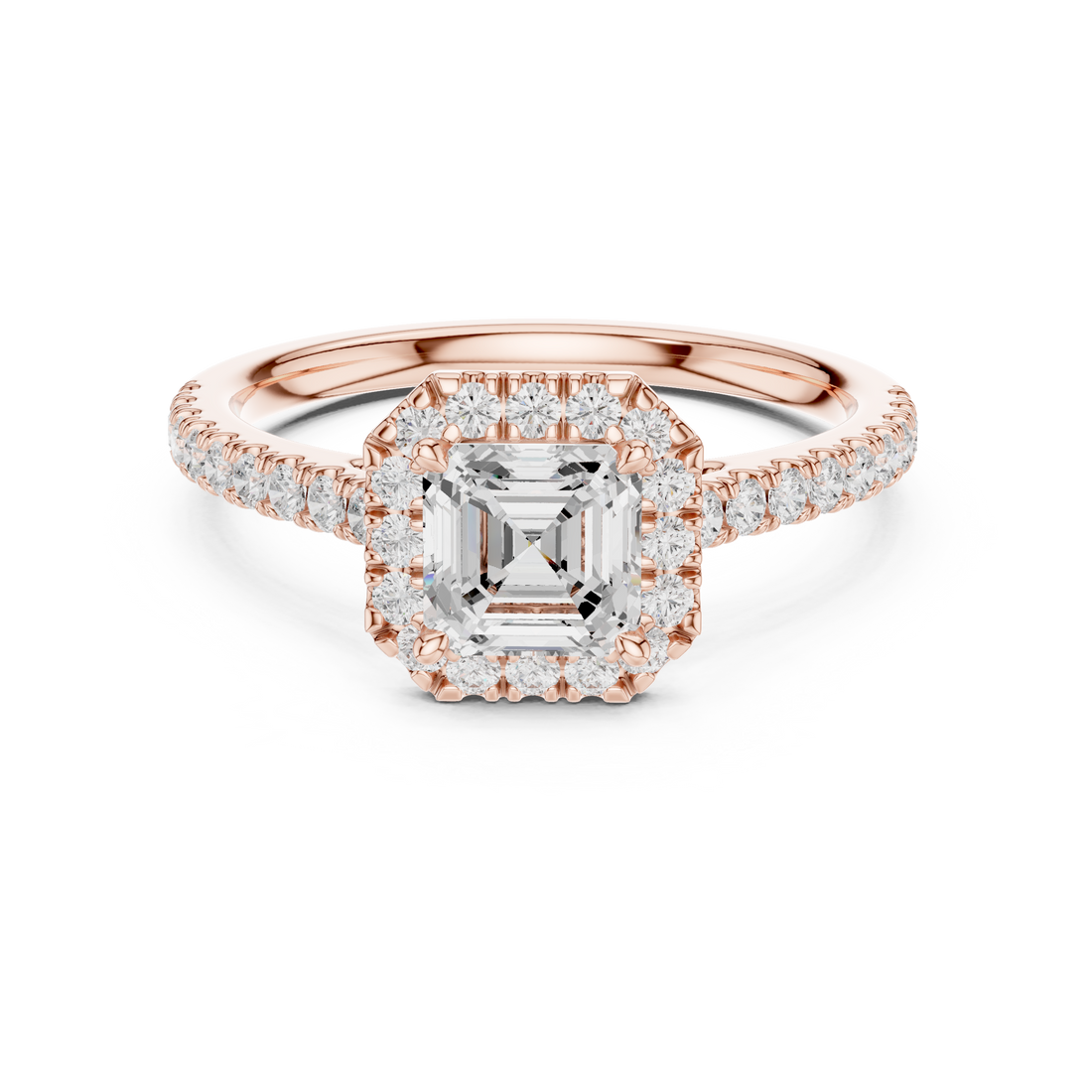 Asscher Cut Diamond Halo Engagement Ring with Pavé Band