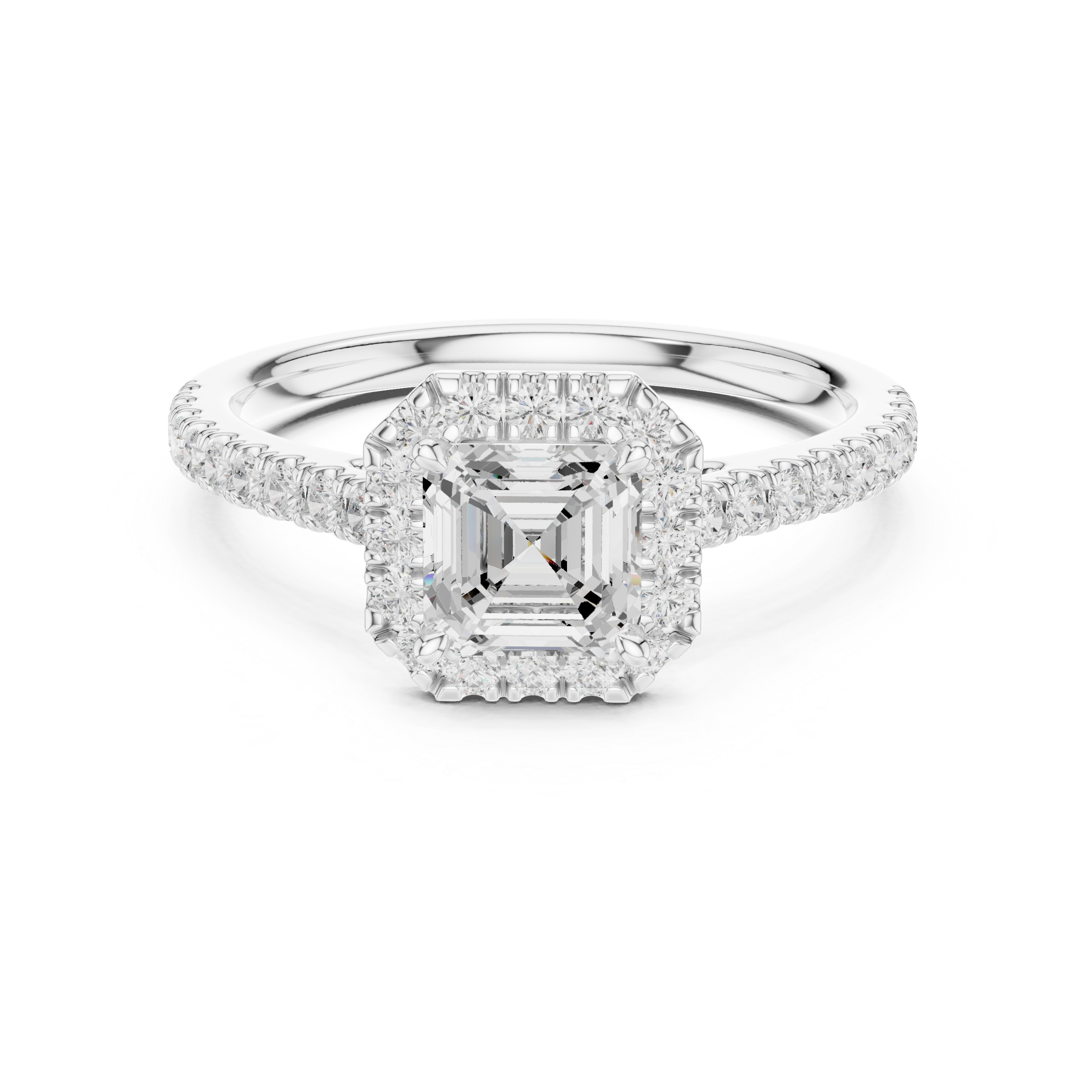 Asscher Cut Diamond Halo Engagement Ring with Pavé Band