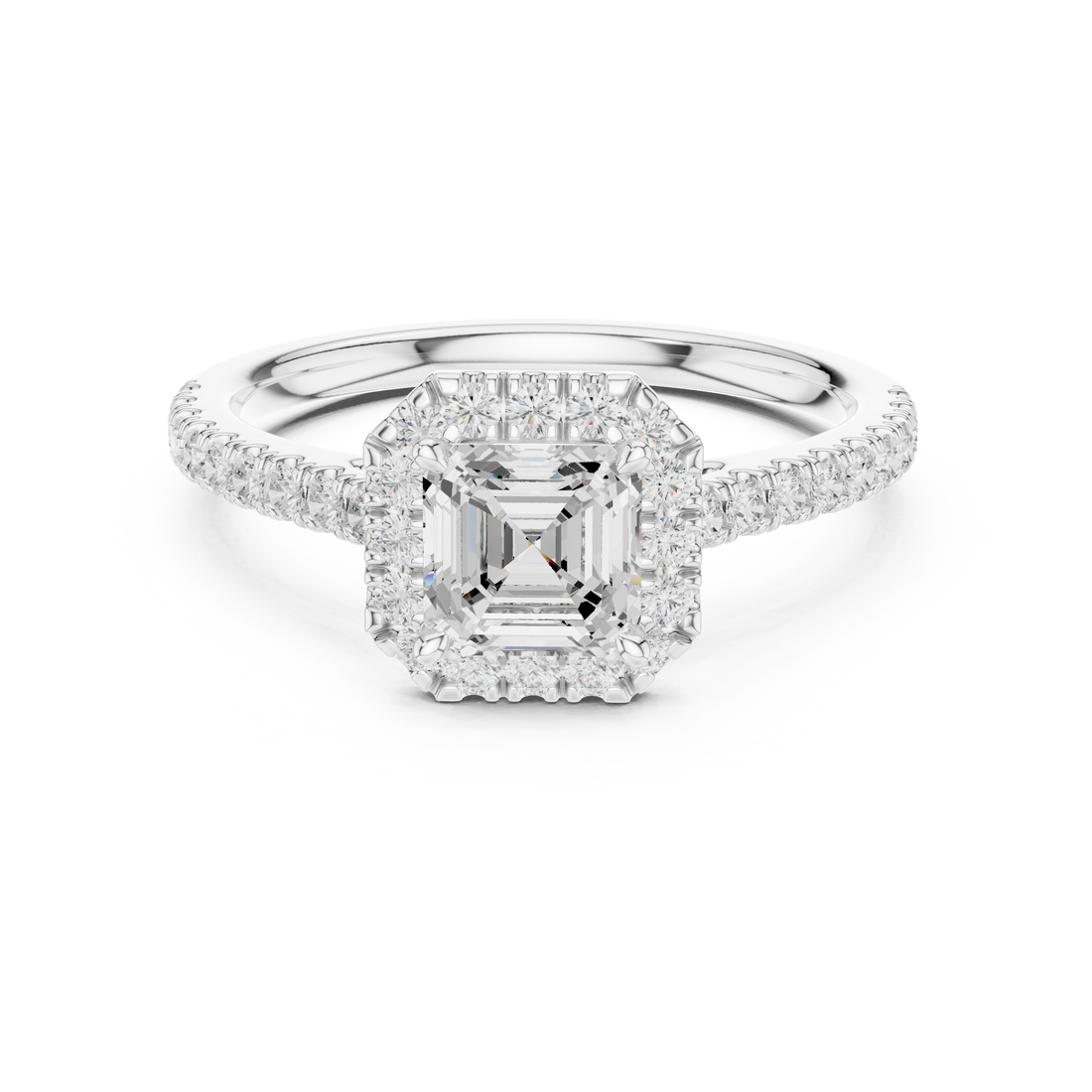 Asscher Cut Diamond Halo Engagement Ring with Pavé Band