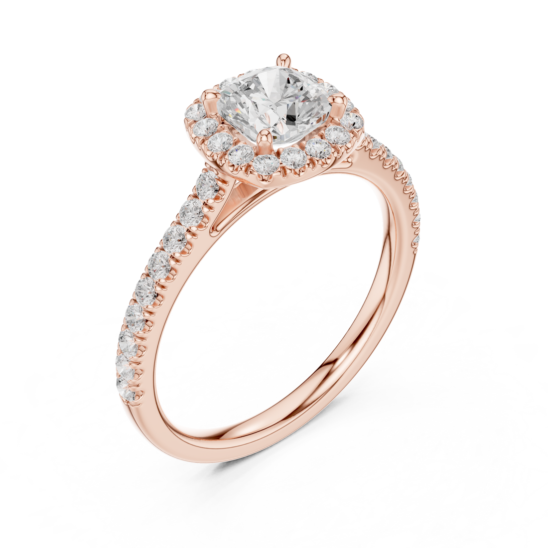 Cushion Cut Diamond Halo Ring with Pavé Band