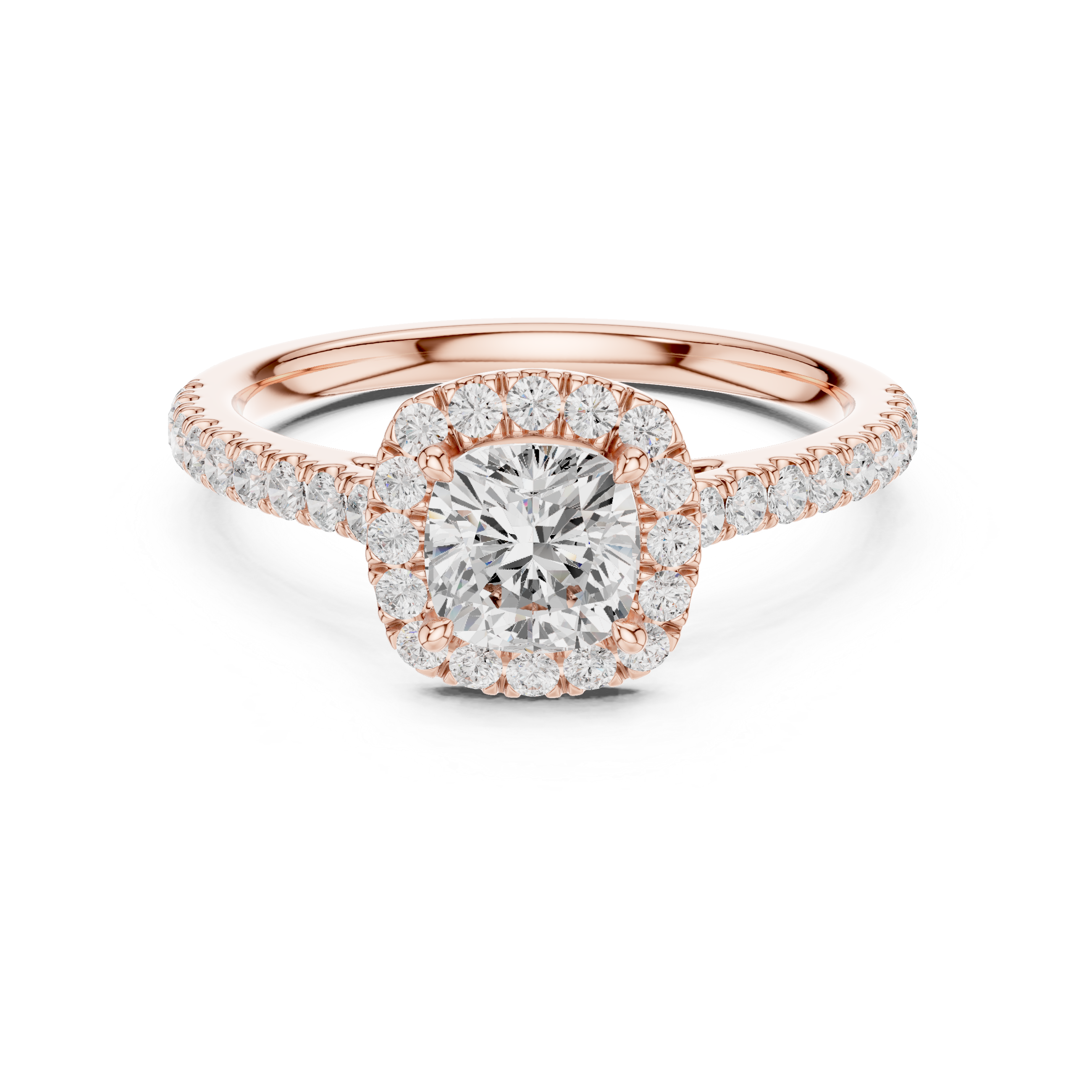 Cushion Cut Diamond Halo Ring with Pavé Band