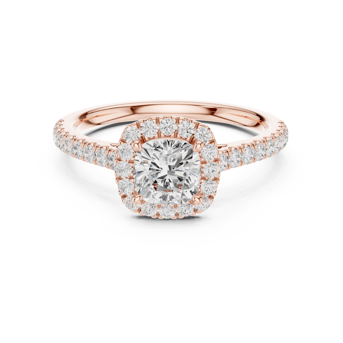 Cushion Cut Diamond Halo Ring with Pavé Band