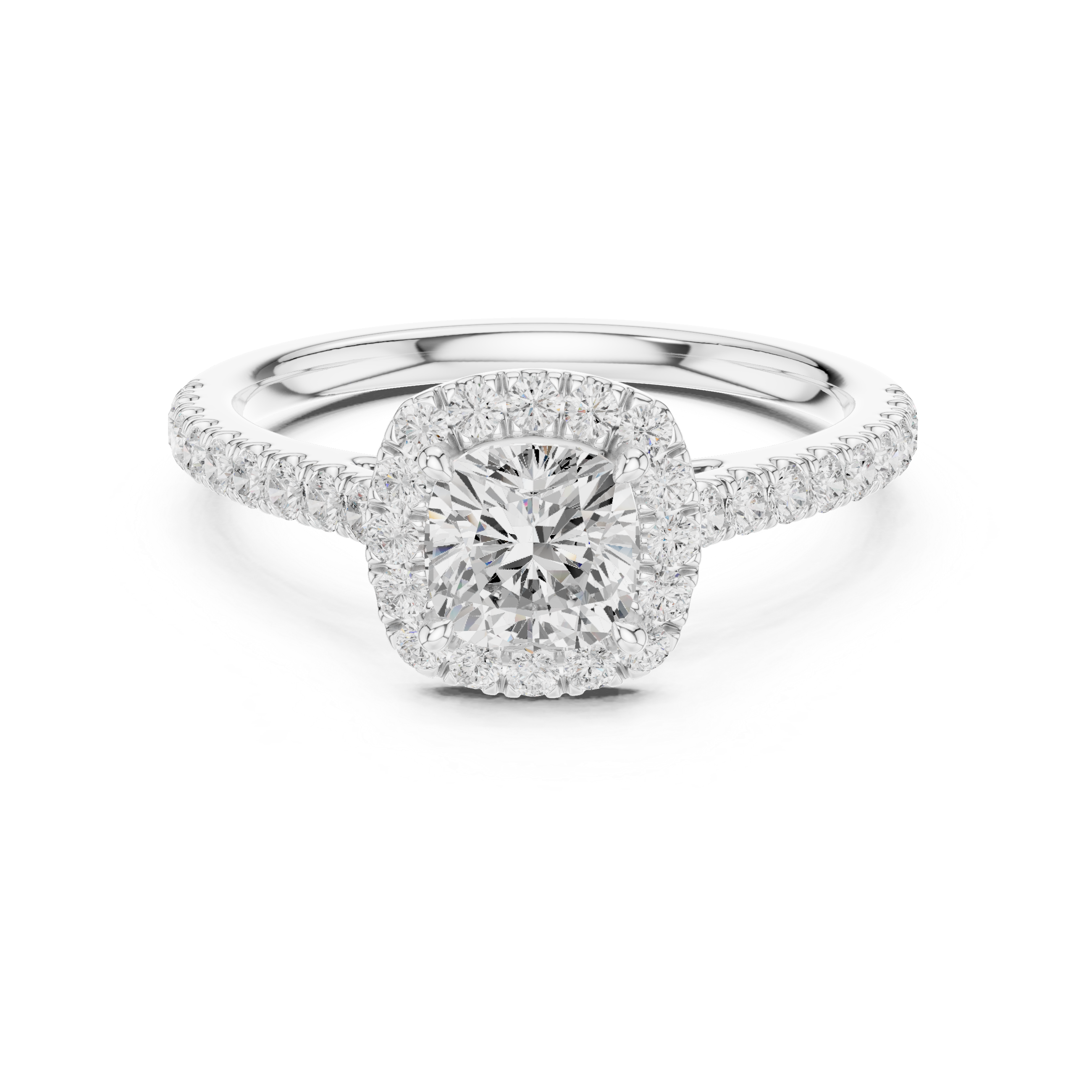 Cushion Cut Diamond Halo Ring with Pavé Band