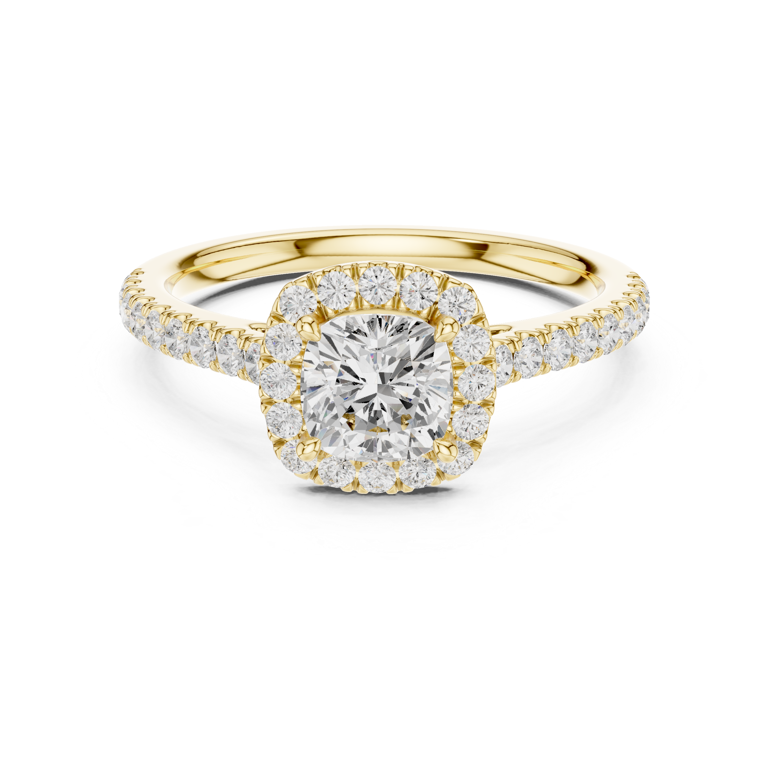 Cushion Cut Diamond Halo Ring with Pavé Band