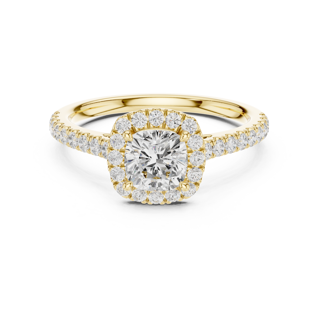 Cushion Cut Diamond Halo Ring with Pavé Band