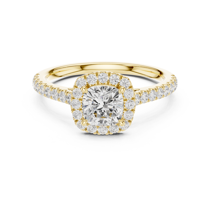 Cushion Cut Diamond Halo Ring with Pavé Band